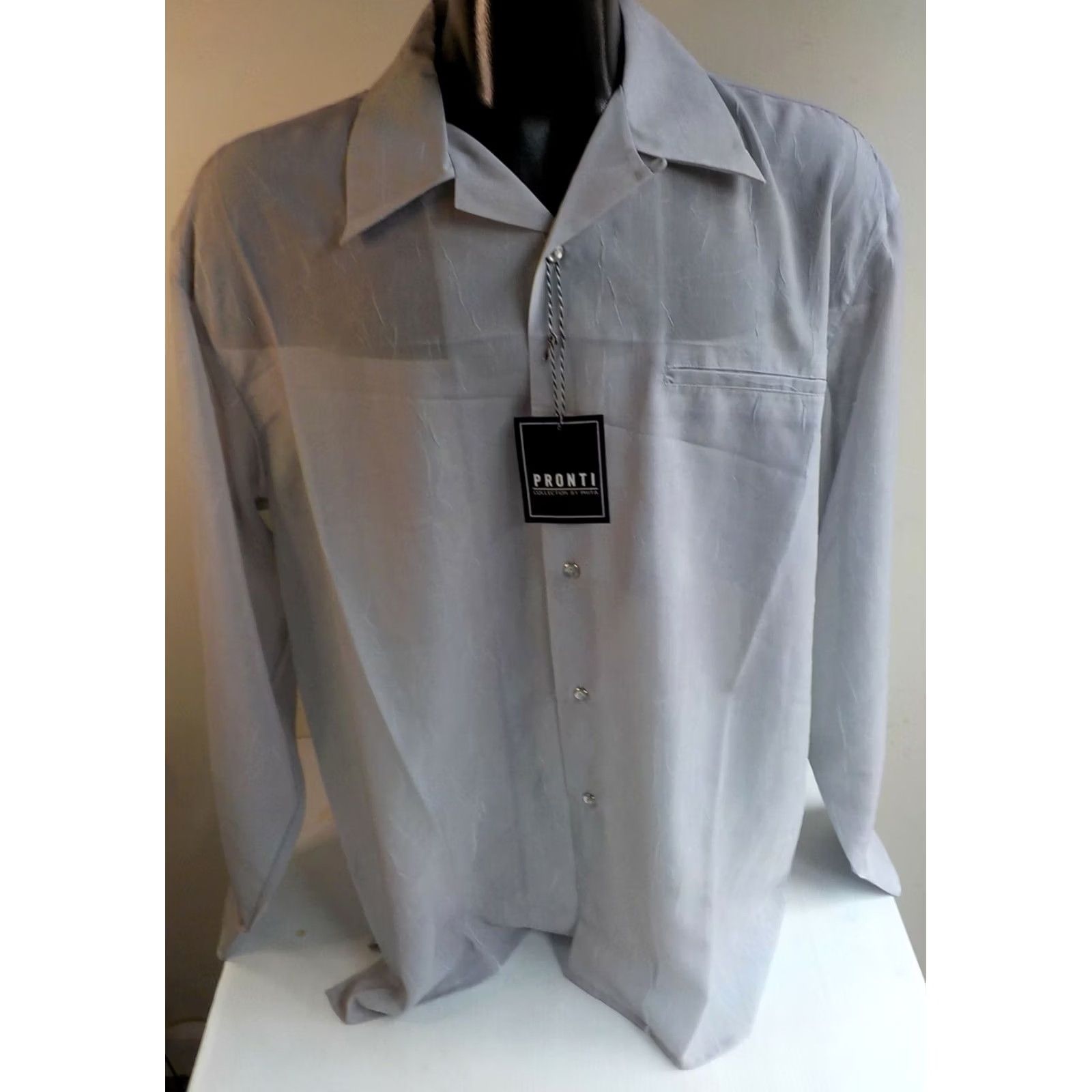 Vintage PRONTI Shirt Mens XL Gray Crinkle Polyester Button-Up Point Collar NWT Long Sleeve Size US XL / EU 56 / 4 - 2 Thumbnail