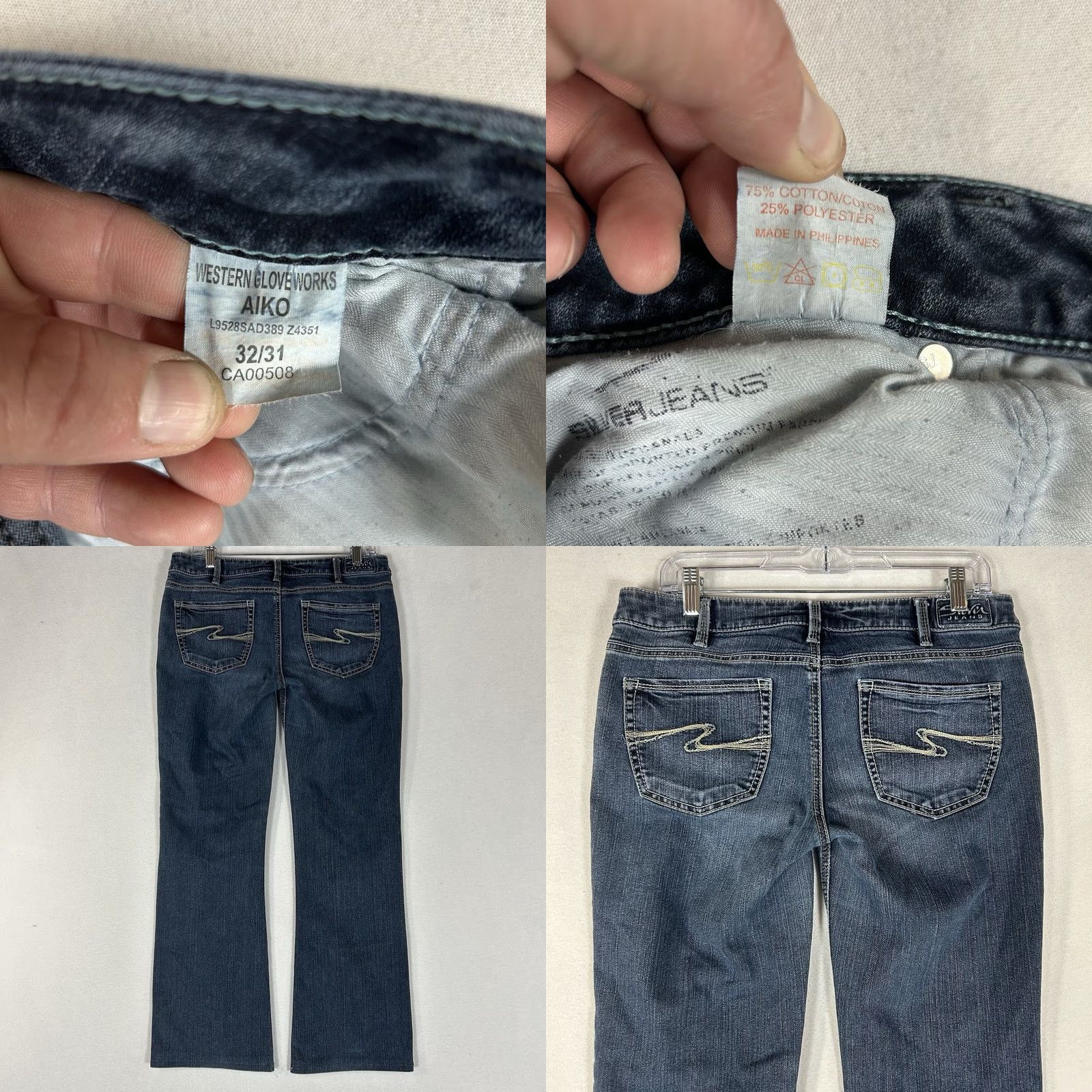 Vintage Silver Aiko Bootcut Jeans Womens 32 Blue Low Rise Embroidered Thick Stitch Hemmed Jeans Size 24" / US 00 / IT 34 - 8 Thumbnail