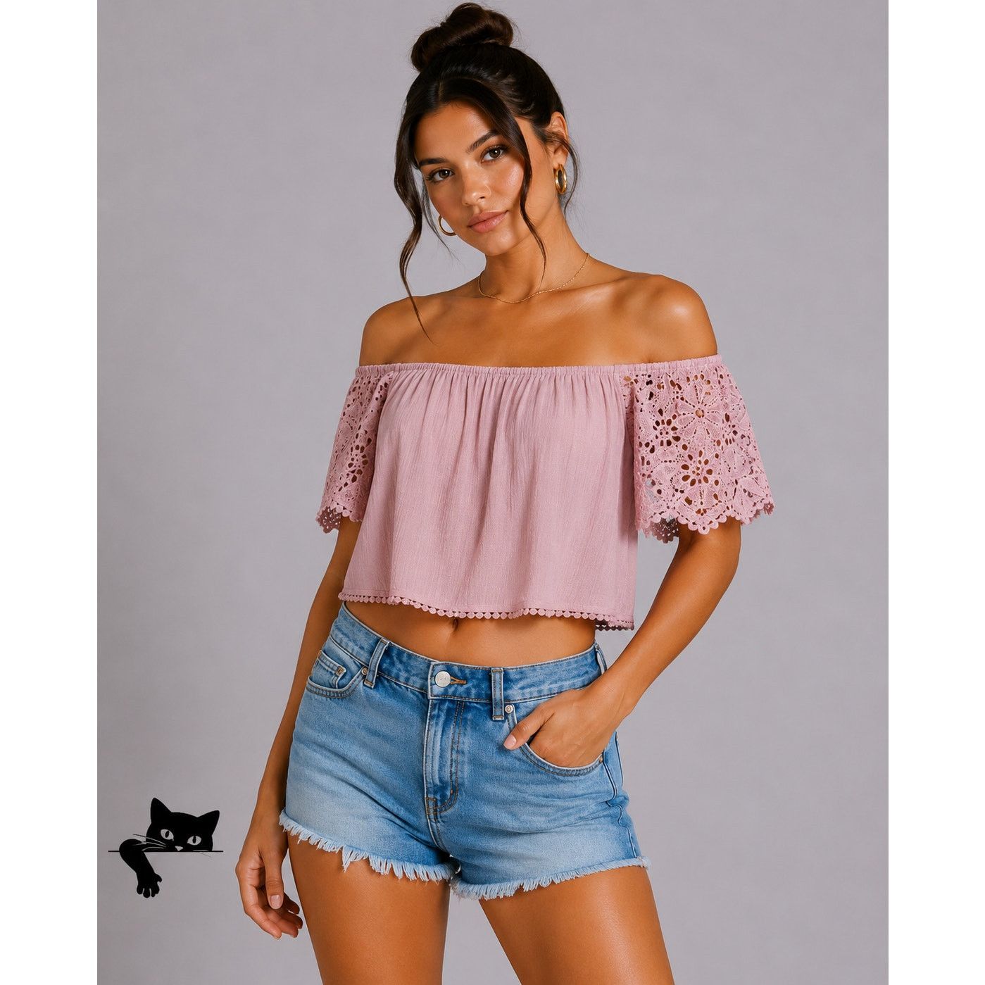 Other Charlotte Russe Dusty Pink Off Shoulder Eyelet Crop Blouse S Size S / US 4 / IT 40 - 2 Thumbnail