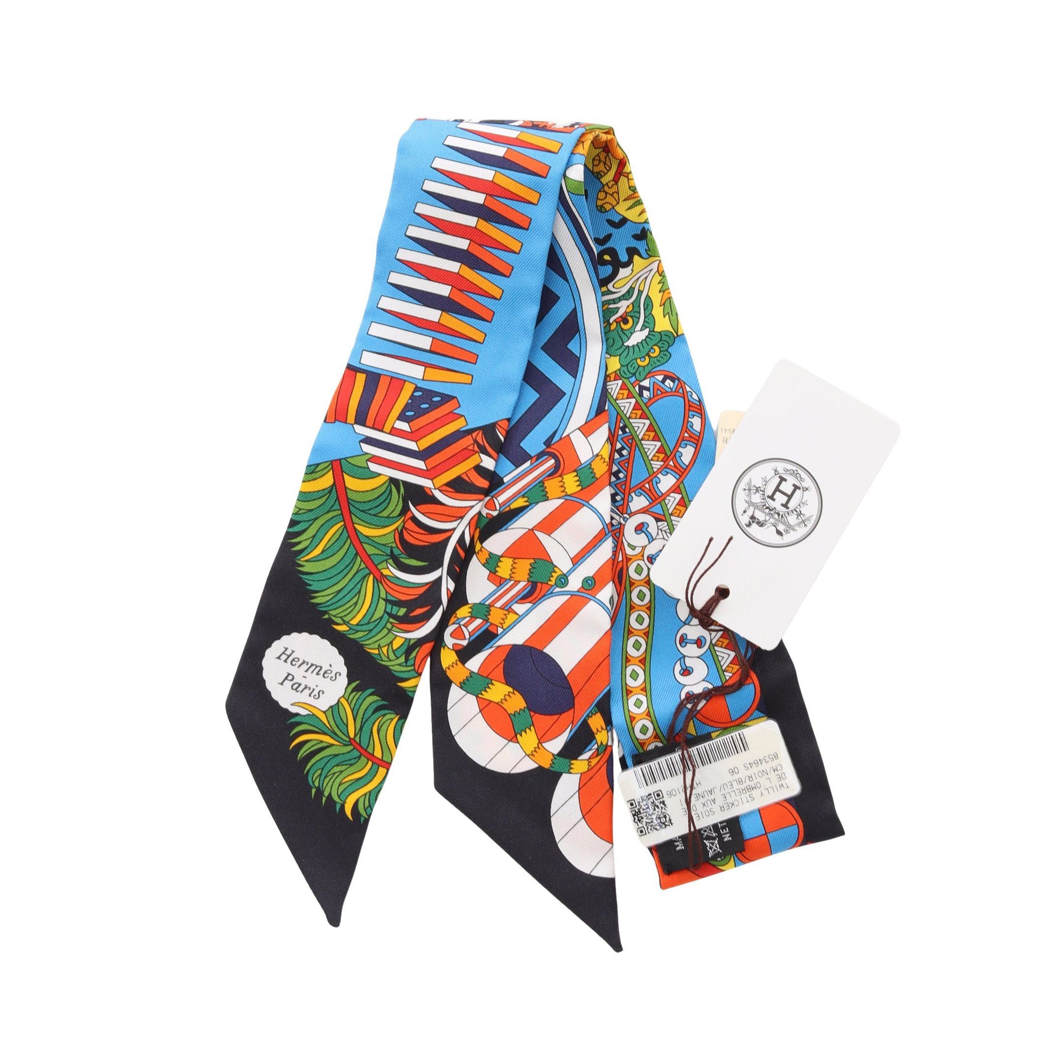 Hermes Hermes Twilly De Aux Duels Vieux Ribbon Scarf Silk Blue Black Multicolor Size ONE SIZE - 1 Thumbnail
