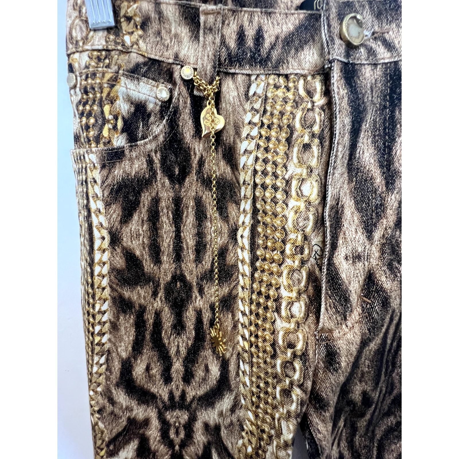 Roberto Cavalli animal chain print denim pants Sz XS y2k