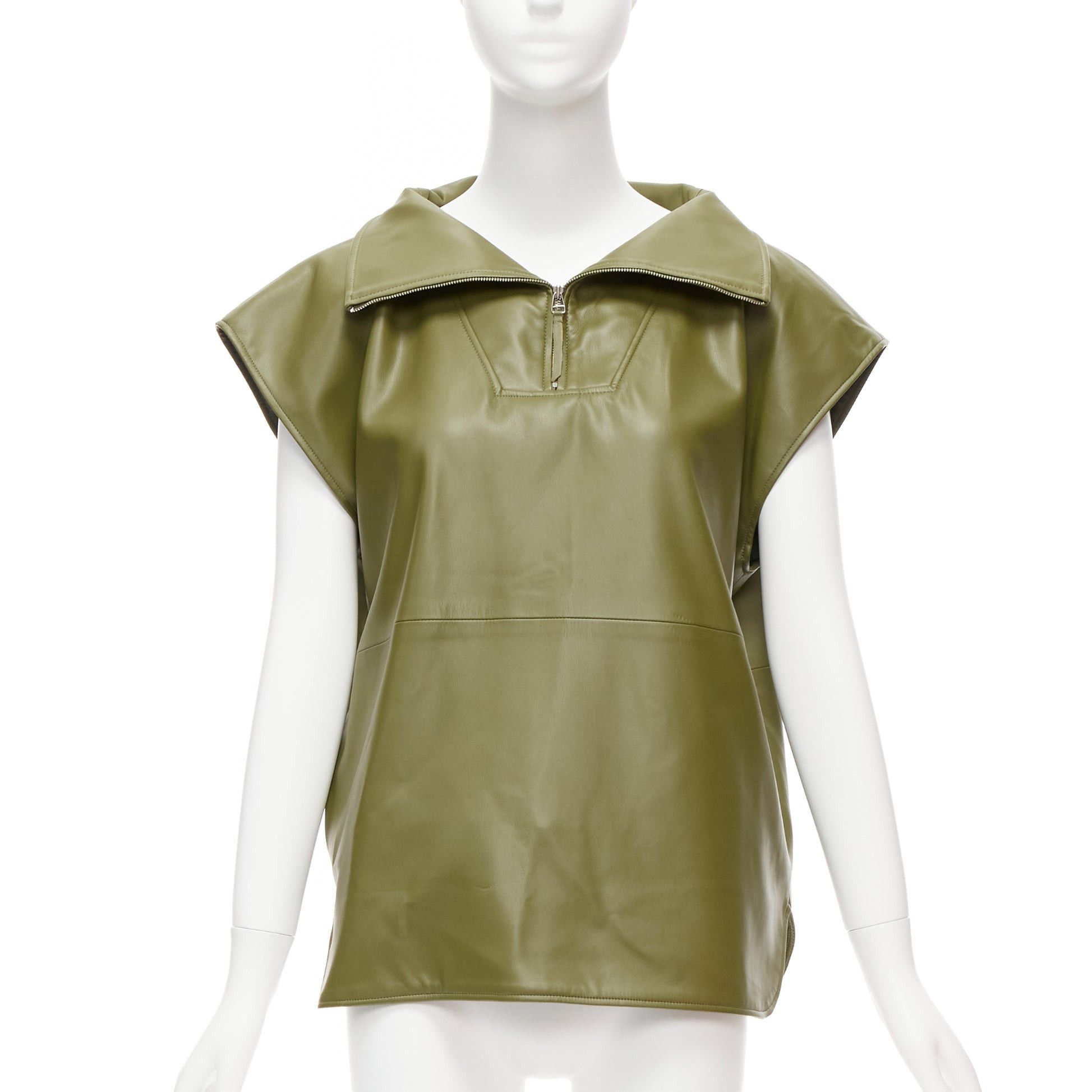 image of Frankie Shop Khaki Green Faux Leather Pu Half Zip Boxy Popover Sleeveless Top Xs, Women's