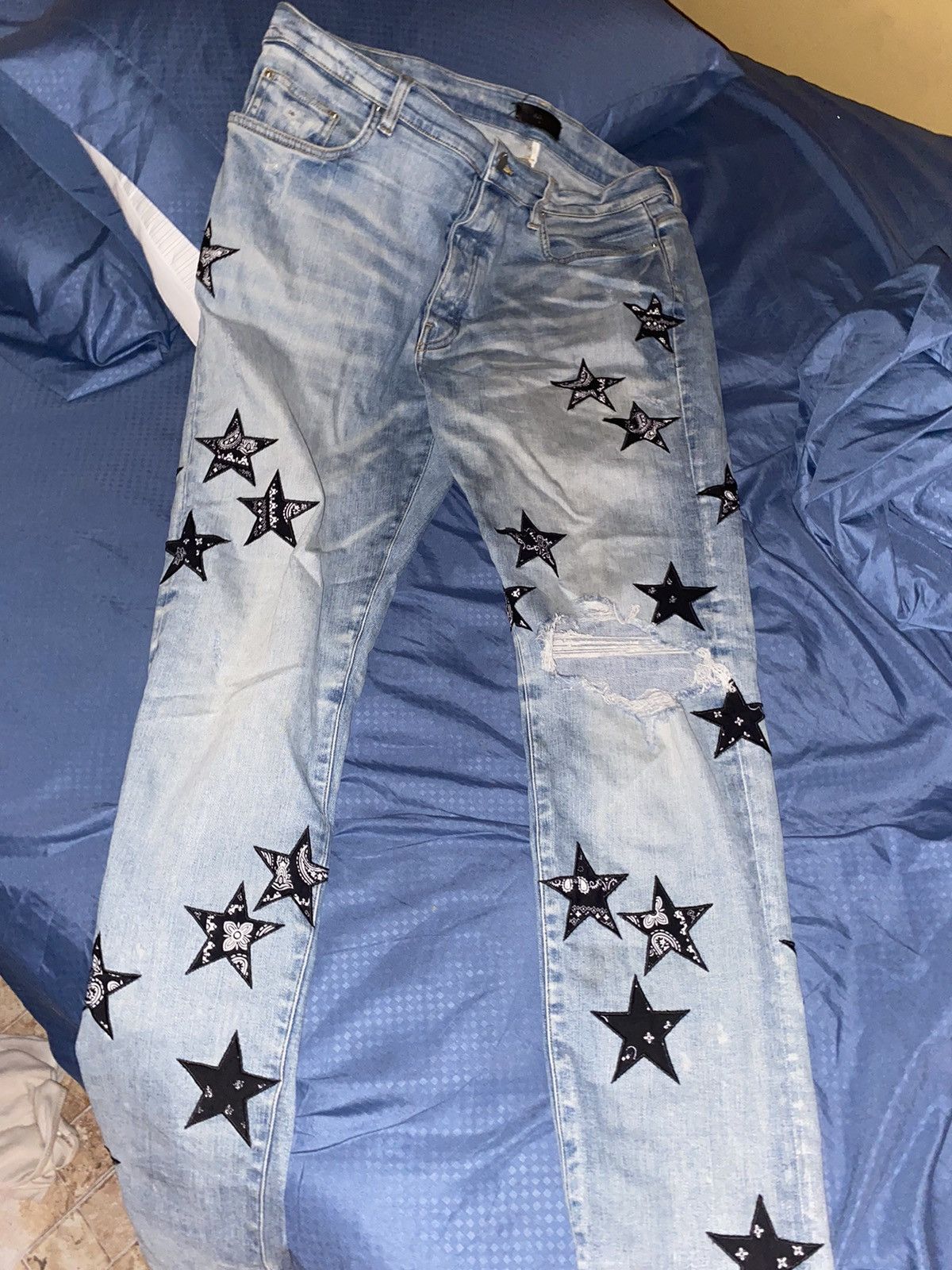 Image of Amiri Paisley Star Jeans in Blue, Men's (Size 38)