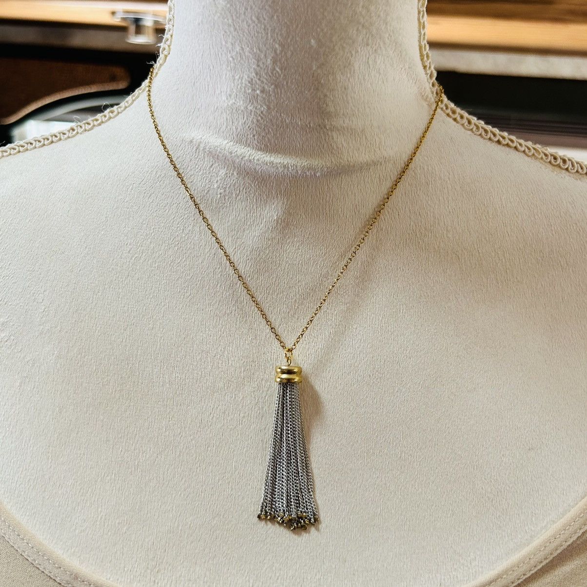Handmade Handcrafted silver and gold chain fringe pendant necklace Size ONE SIZE - 2 Thumbnail