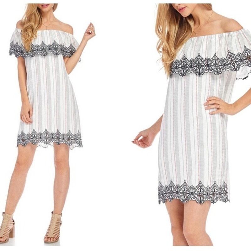 Nordstrom Lush | Off Shoulder Stripe Dress Embroidery Accent Size M / US 6-8 / IT 42-44 - 9 Thumbnail