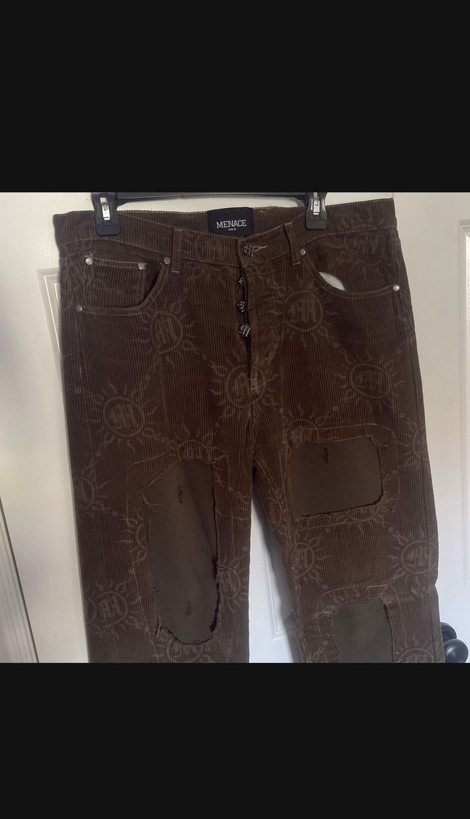 image of Menace La Ripped Corduroy Jeans in Brown, Men's (Size 34)
