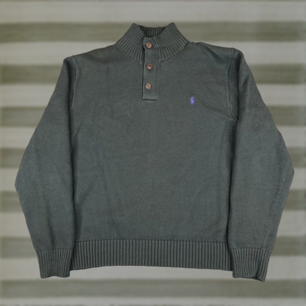 Polo Ralph Lauren Sweater Mens 2XL Green Mock Neck Henley Ribbed Knit Pony Logo
