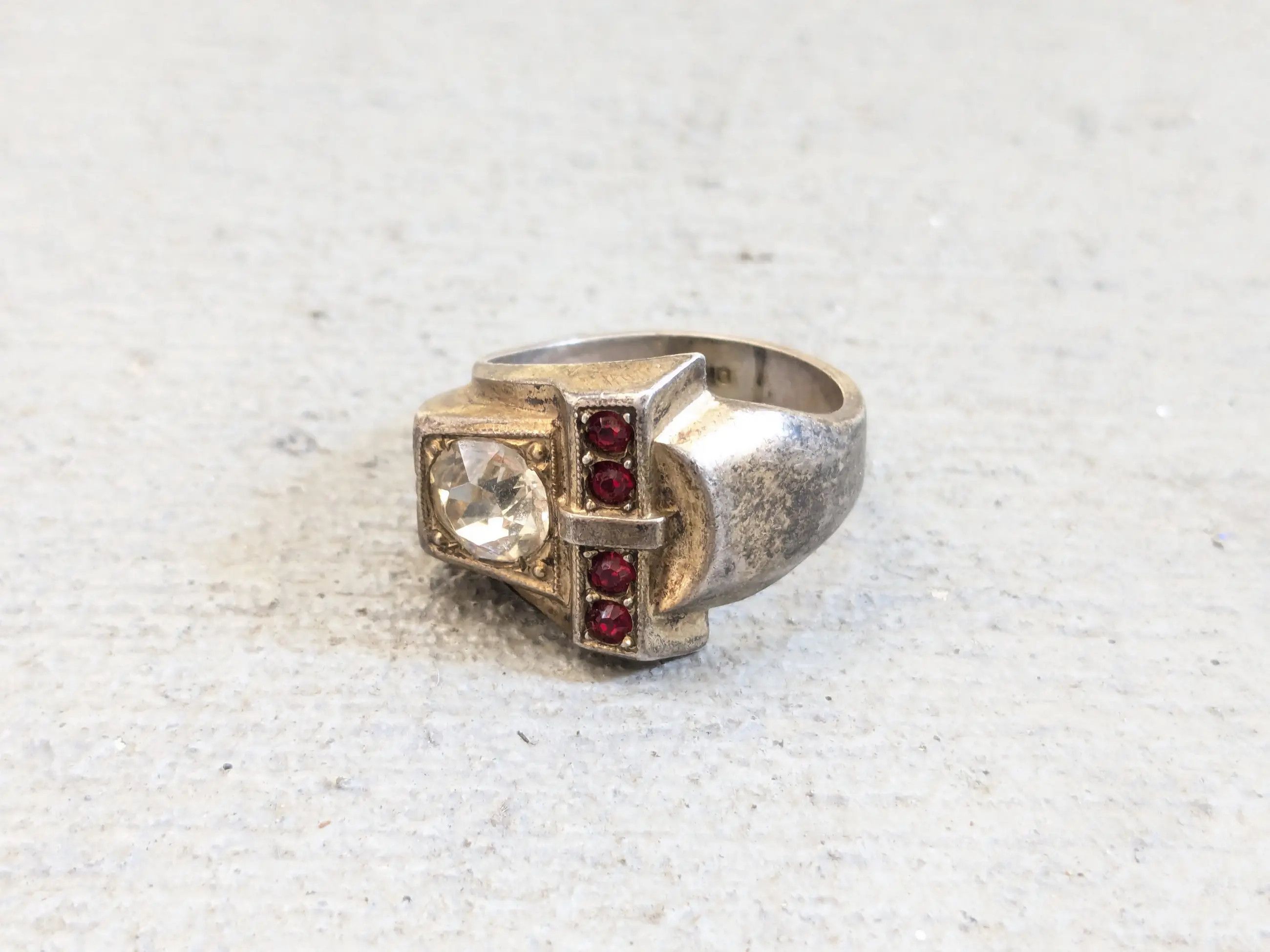 Sterling Silver Vintage Sterling Silver Ring 10.5 Glass Red Clear Theda Belt Size ONE SIZE - 4 Thumbnail
