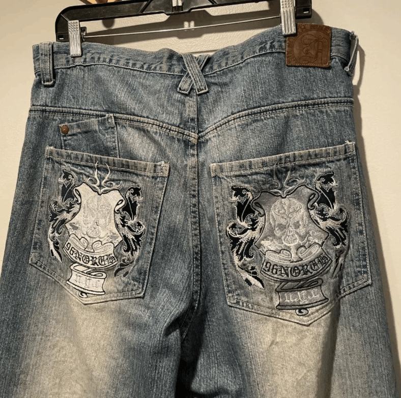 Japanese Brand Skull Embroidered Baggy Jeans Size US 30 / EU 46 - 2 Thumbnail