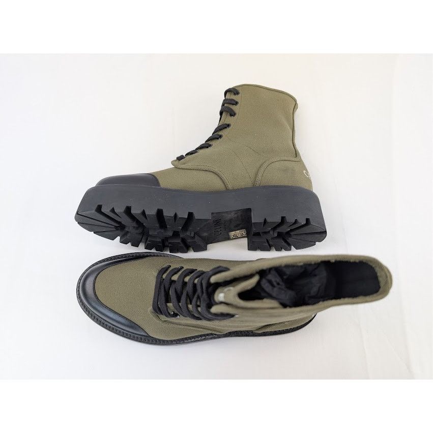 Celine o1rshd1 Canvas Bulky Shiny Lace-Up Boots Olive Green / Black Size US 9 / EU 42 - 3 Thumbnail