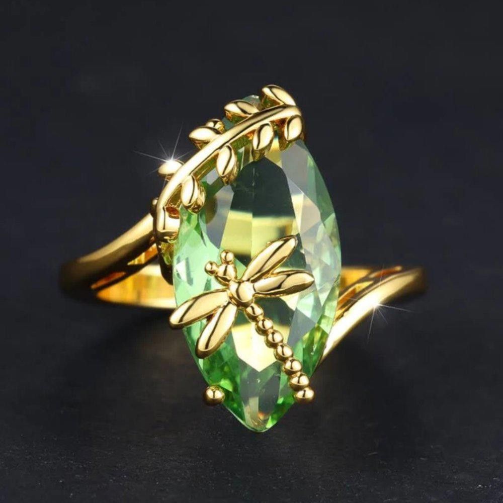 Designer Sterling Silver Green Olive Marquise Gold Dragonfly Ring Size ONE SIZE - 7 Thumbnail