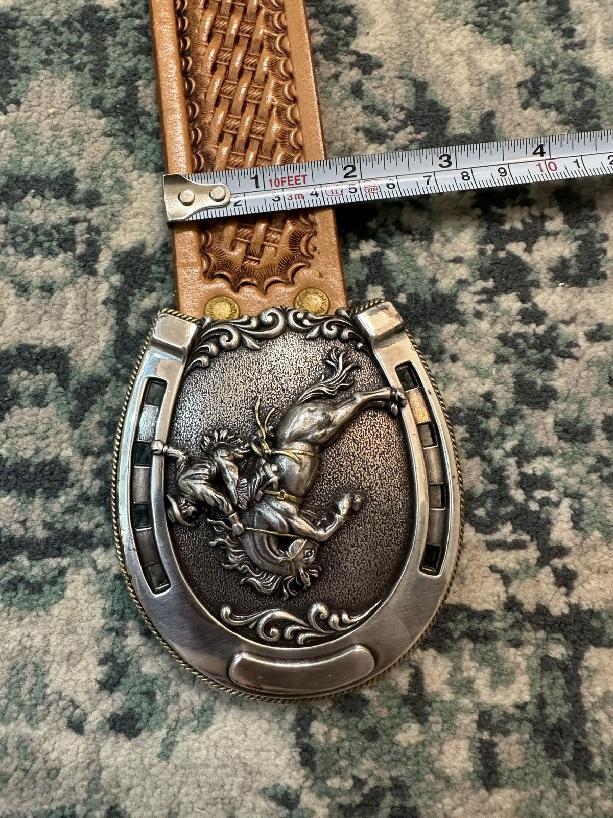 Handmade Tony Lama Classic Basketweave Leather Belt Bronc Buckle (32) Size 32 - 10 Thumbnail