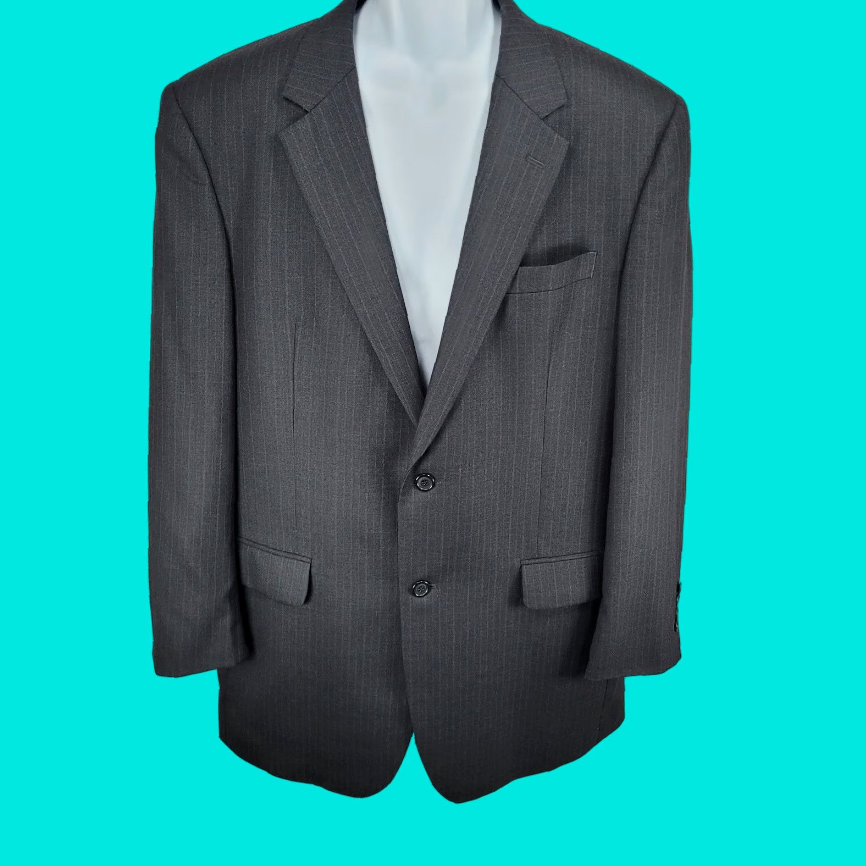Jos. A. Bank Jos A Bank Black 100% Wool Pinstriped 2 Button Notch Blazer Sport Coat 44L Size 44R - 1 Thumbnail