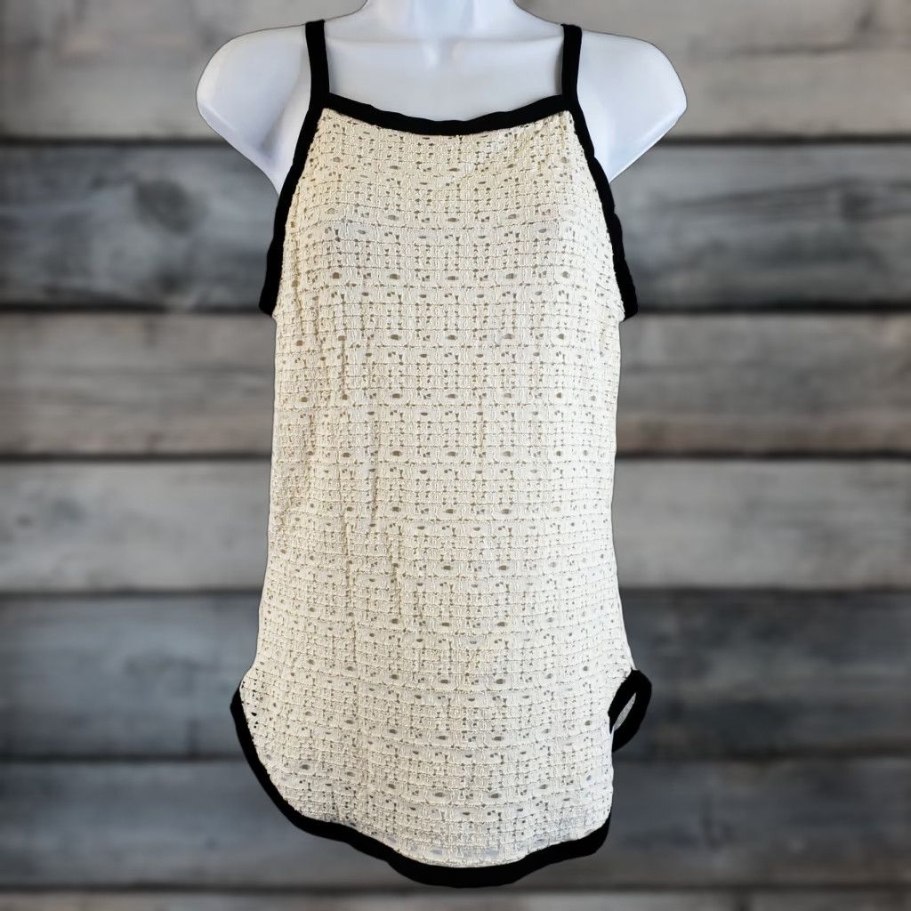Vintage VINTAGE Weston Womens Tank Top Sz Large Ivory Black Trim Lace Cotton Blend Size L / US 10 / IT 46 - 1 Thumbnail
