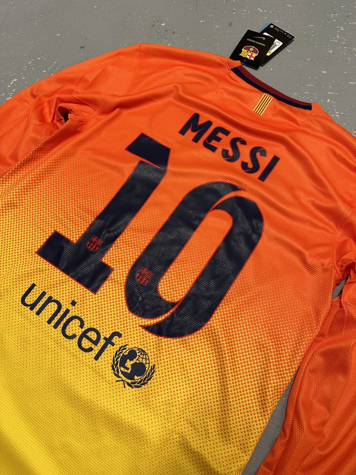image of Nike x Soccer Jersey Barcelona 2012 Messi Long Sleeve Away Jersey in Orange, Men's (Size Small)