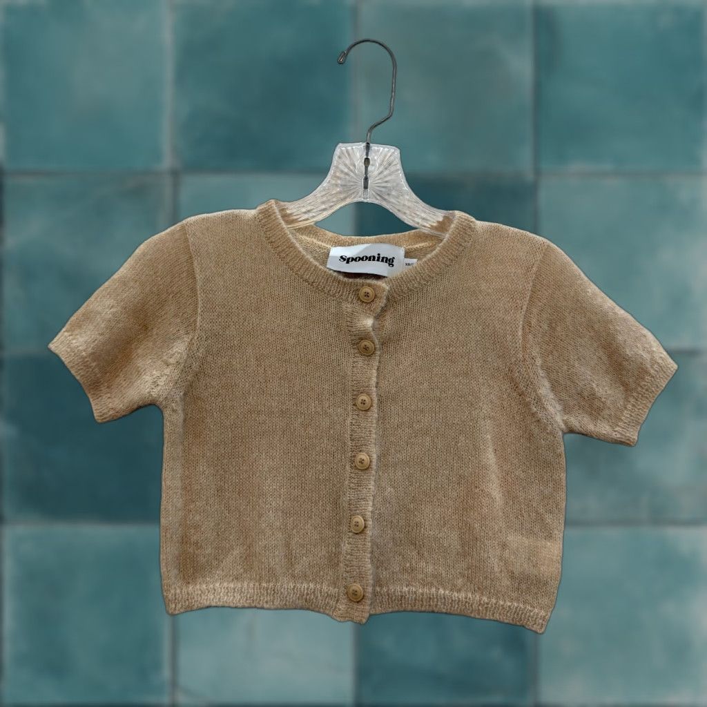 Vintage Glowny Spooning Crop Cardigan Top Beige Knit Short Sleeve Round Neck Women XS S Beige Basic Minimalist Korea US Size S / US 4 / IT 40 - 1 Thumbnail