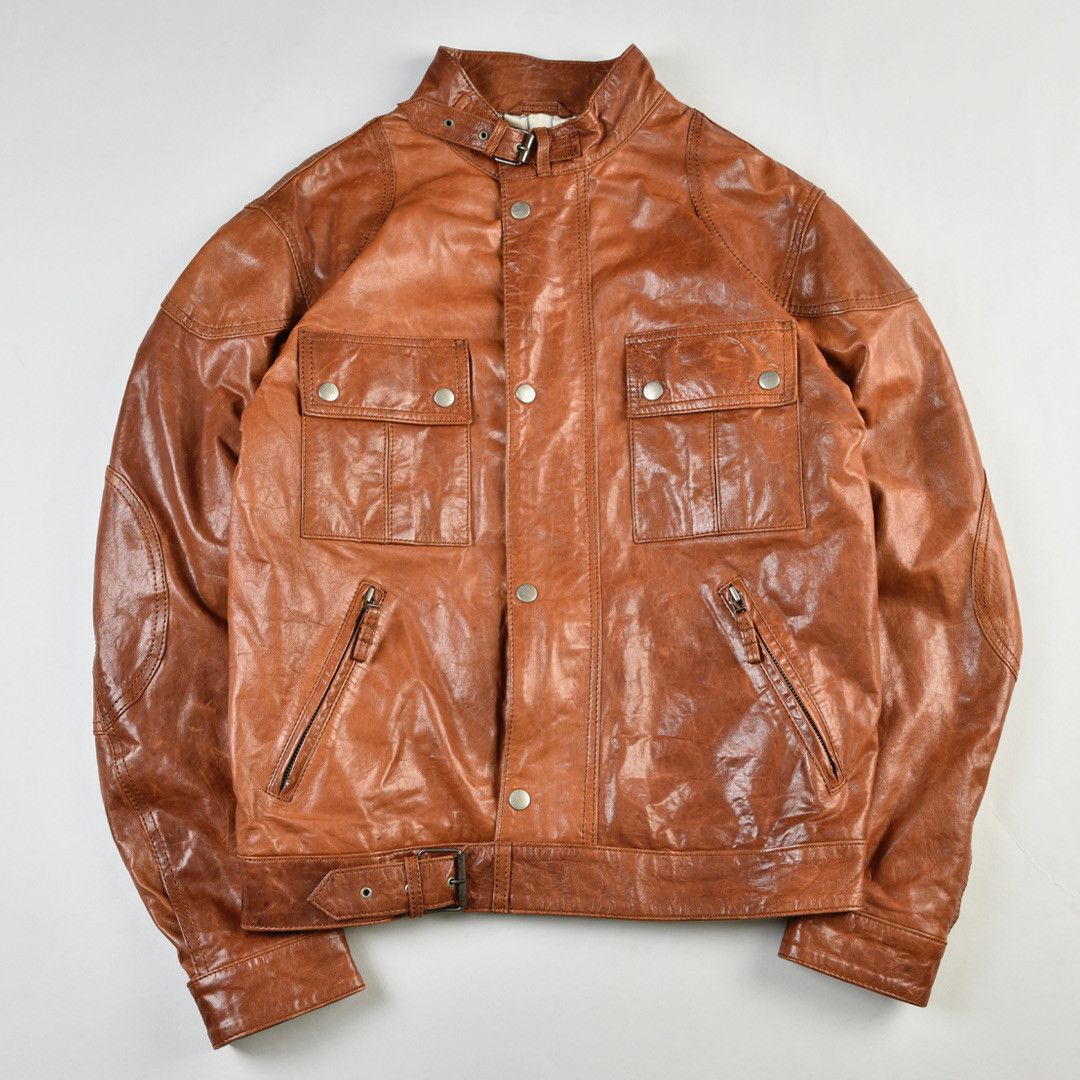 image of Genuine Leather x Leather Jacket Vintage Leather Biker Jacket Brown, Men's (Size Medium)