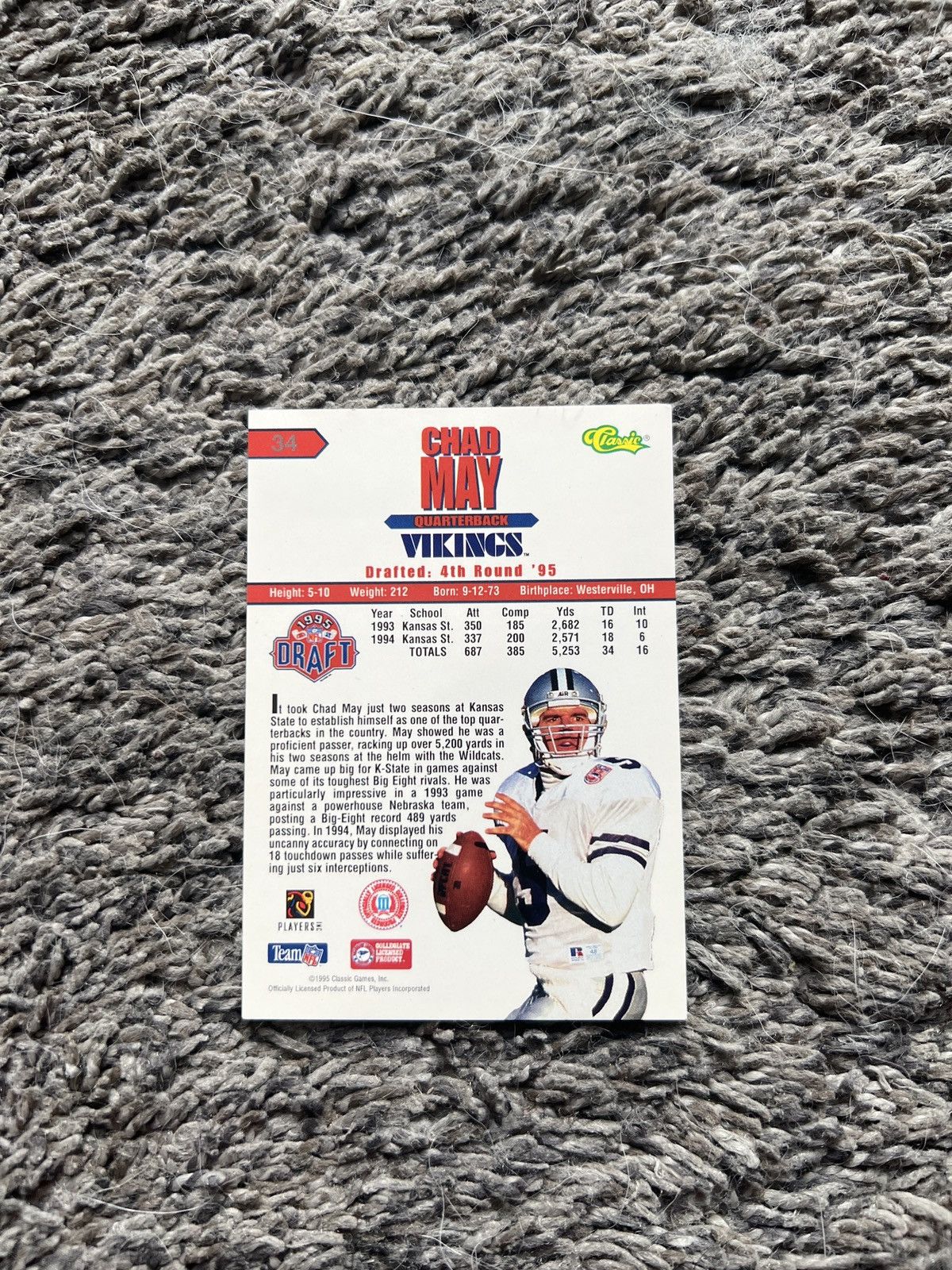 NFL 1995 Classic #34 Chad May Card Size ONE SIZE - 2 Thumbnail