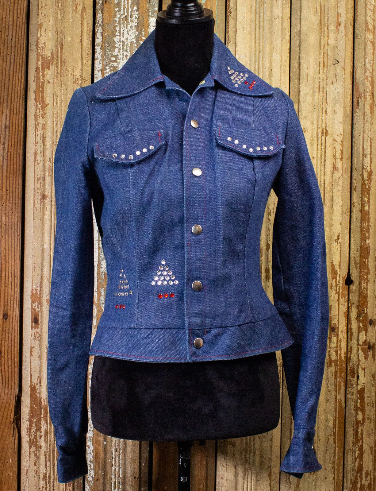 image of Vintage Women's Happy Legs Denim Jacket With Rhinestones 70's (Size Small)