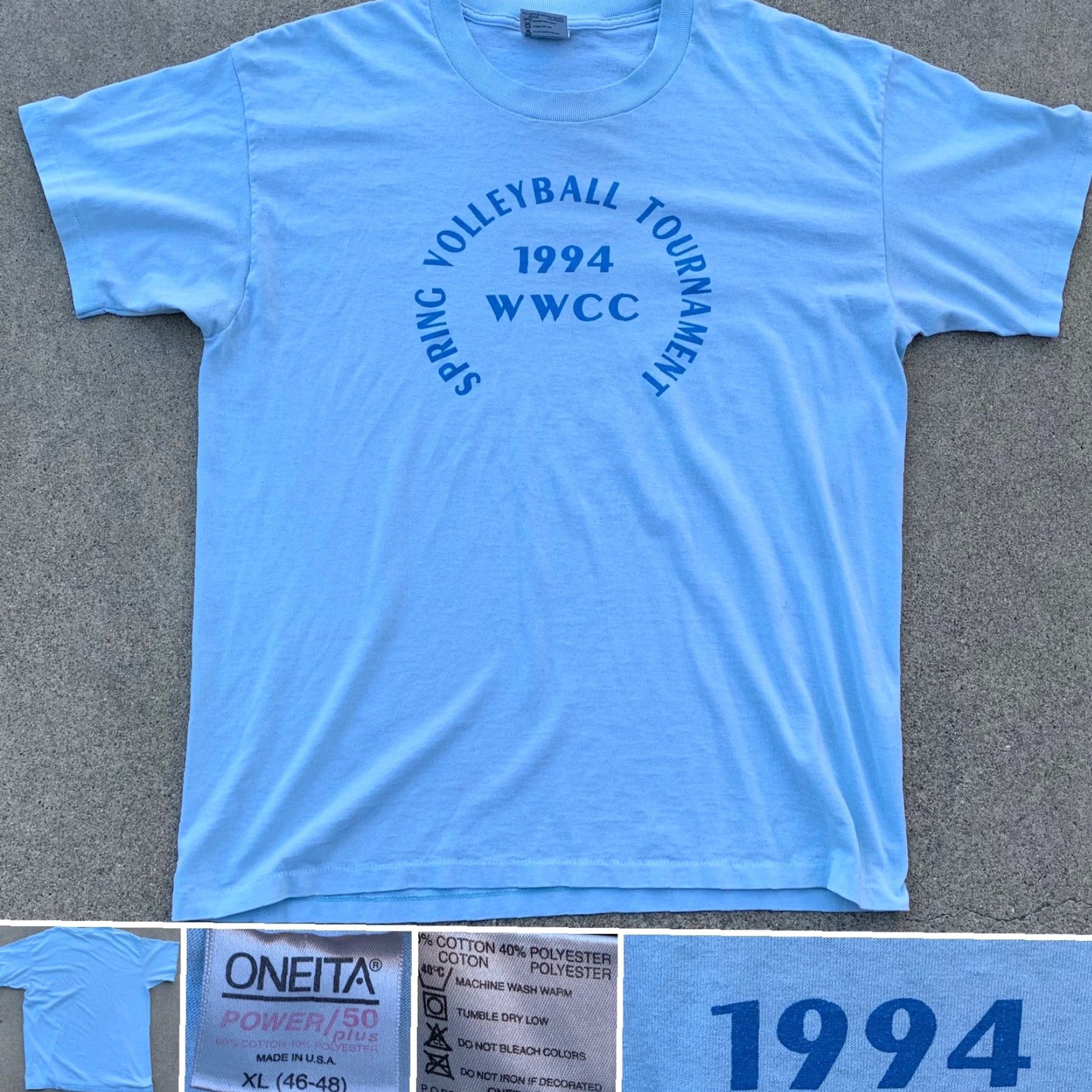 Vintage vintage 1994 WWCC Spring Volleyball Tournament t shirt single stitch XL blue Oneita Power/50 plus graphic print Men T-Shirt 90s Sports Size US XL / EU 56 / 4 - 5 Thumbnail