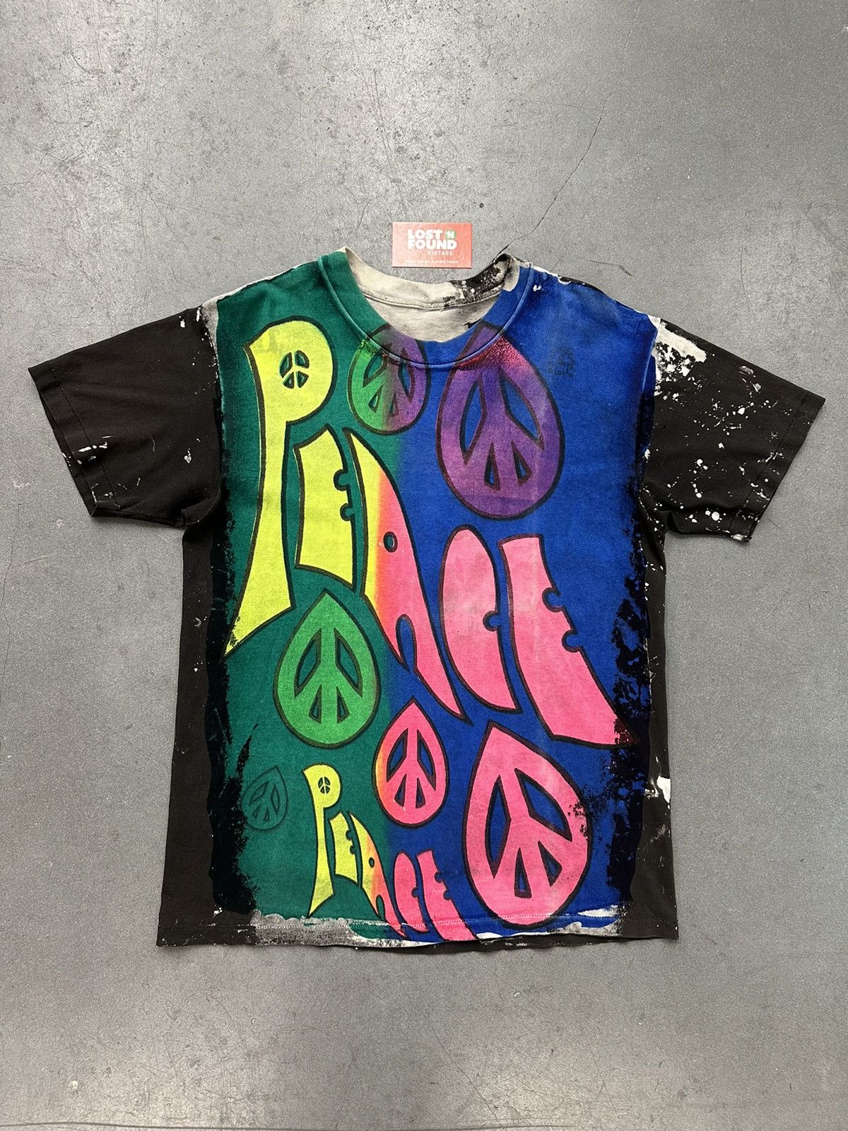 image of Art x Vintage 90's Vintage Mosquitohead Peace Logo Abstract Colorful Tee, Men's (Size Large)