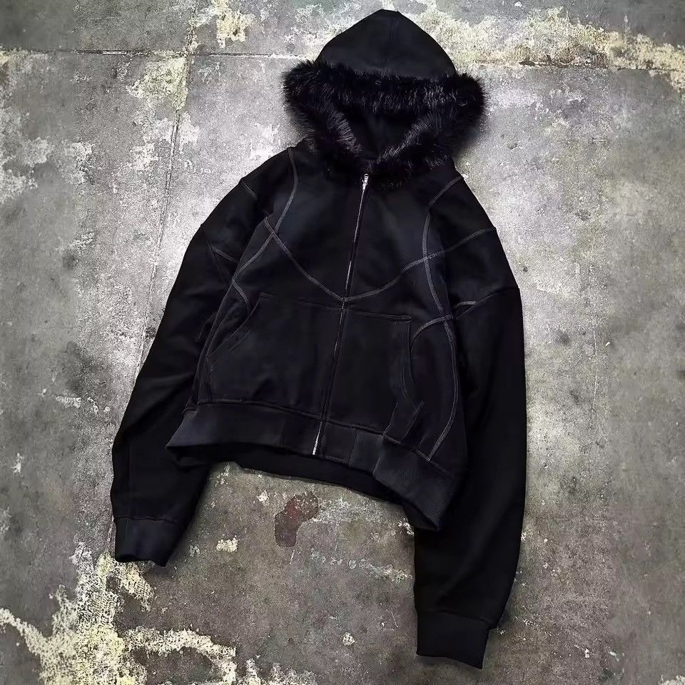Other Fashion Y2K Retro Ins Fur Hat Patchwork Striped Zip Hoodies Size US S / EU 44-46 / 1 - 1 Thumbnail