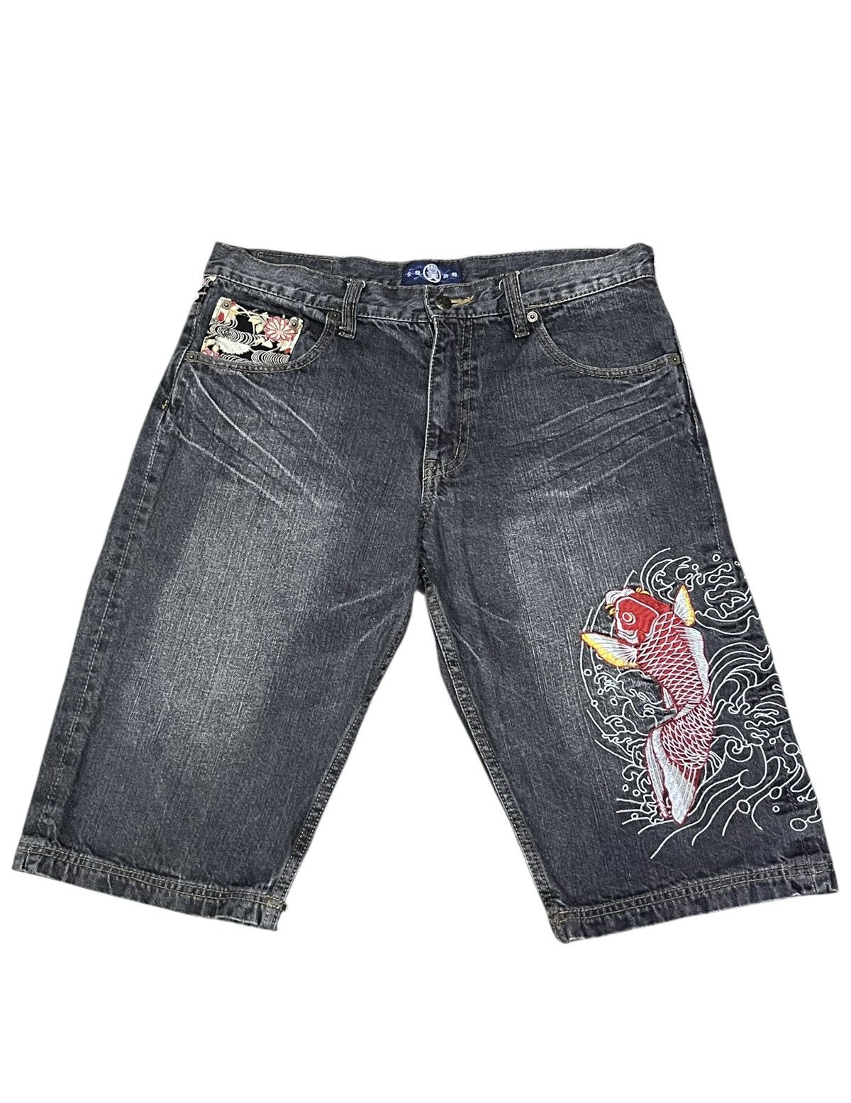 Boden 🔥BUDEN Koi Fish Embroidery Denim Shorts Wave Y2K Karakuri Size US 31 - 4 Thumbnail