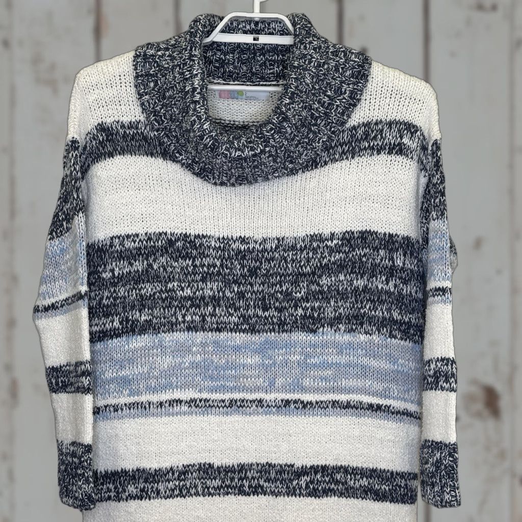 Free People VINTAGE Free People Beach Womens Sweater Dress L Blue Stripe Cowl Neck Side Slits Long Sleeve Size L / US 10 / IT 46 - 1 Thumbnail