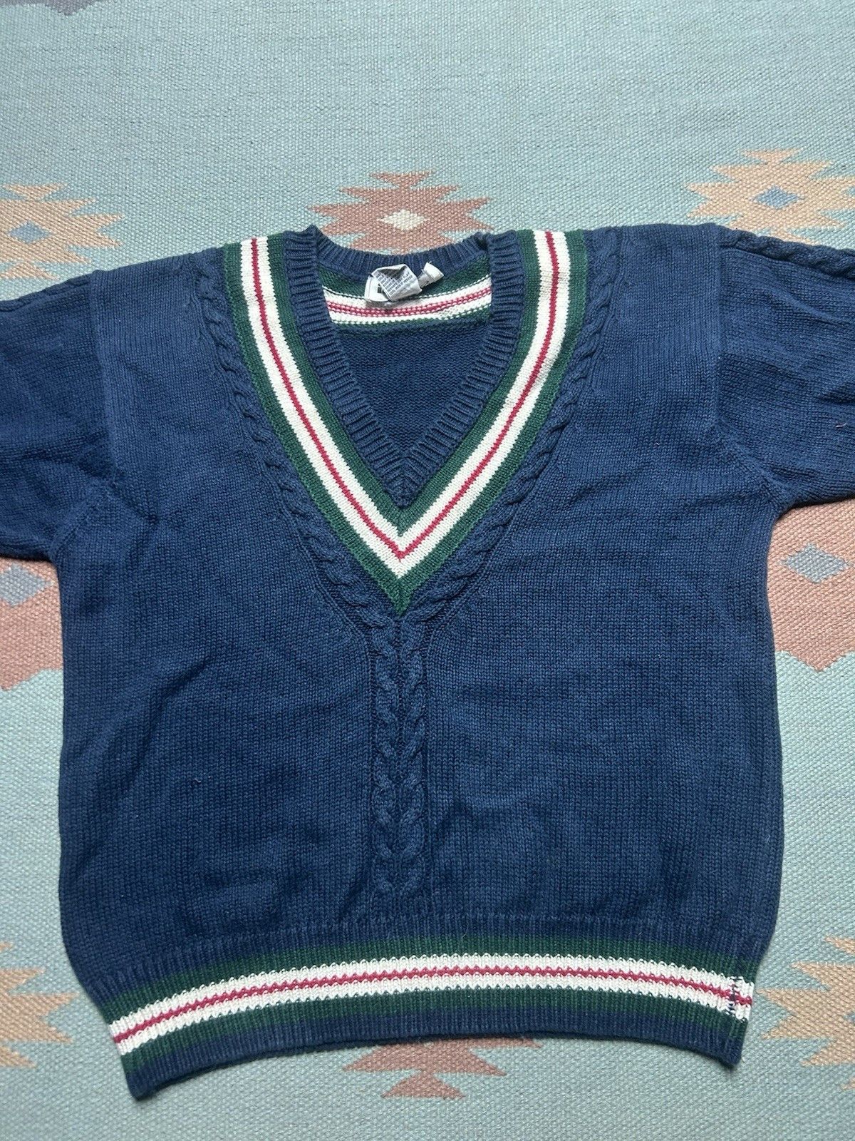 Vintage Vtg v neck tennis sweater cotton ramie knit heavy striped M Size M / US 6-8 / IT 42-44 - 3 Thumbnail