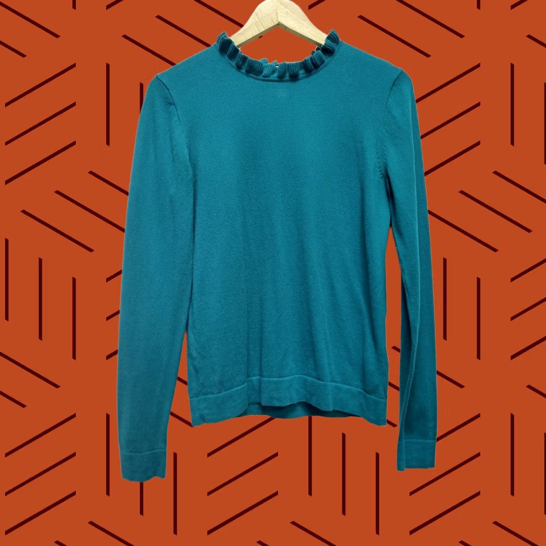 J.Crew J.Crew Ruffle Neck Teal Green Long Sleeve Cotton Sweater Women’s S Size S / US 4 / IT 40 - 1 Thumbnail
