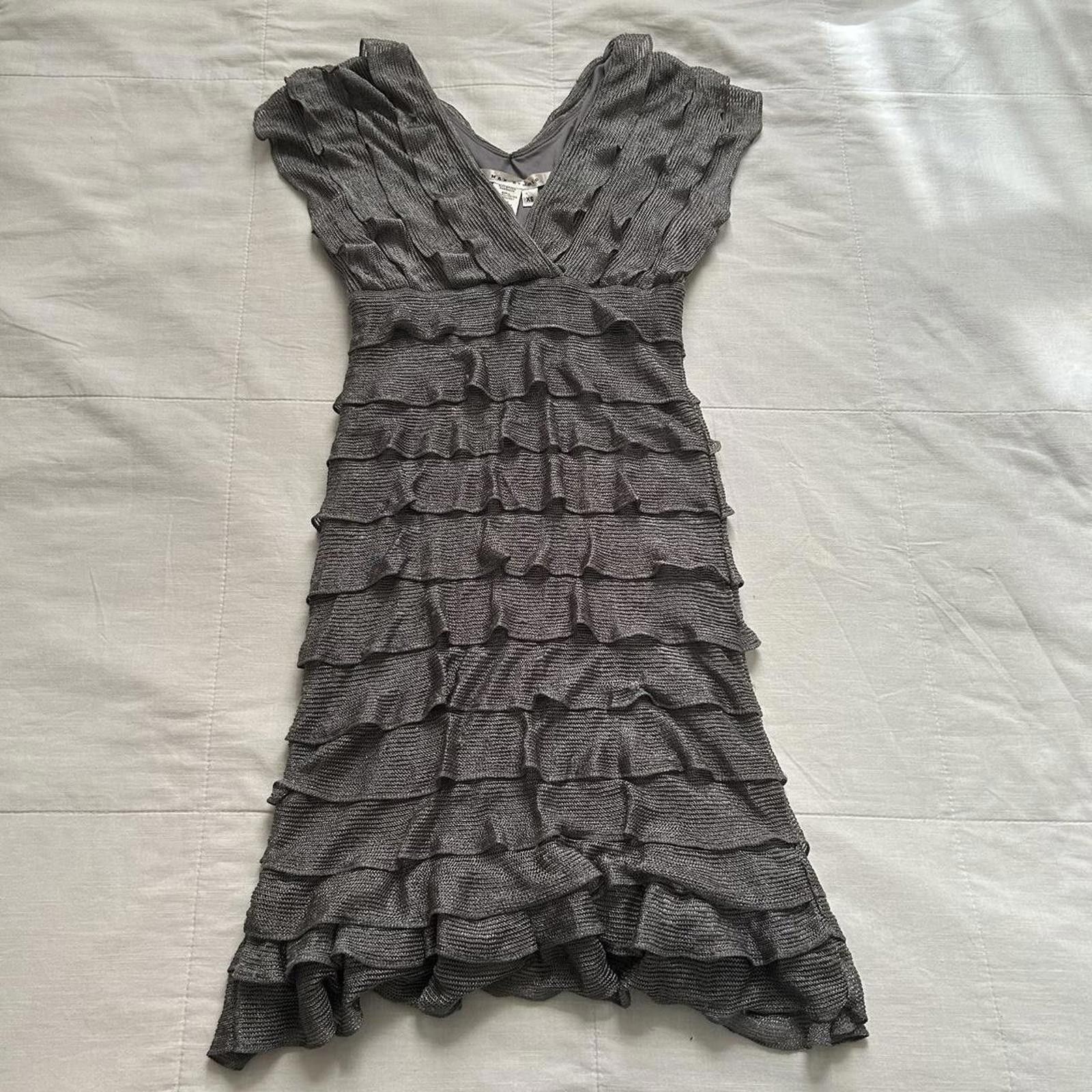 Grey vintage Max Studios shimmer tiered ruffled v neck dress