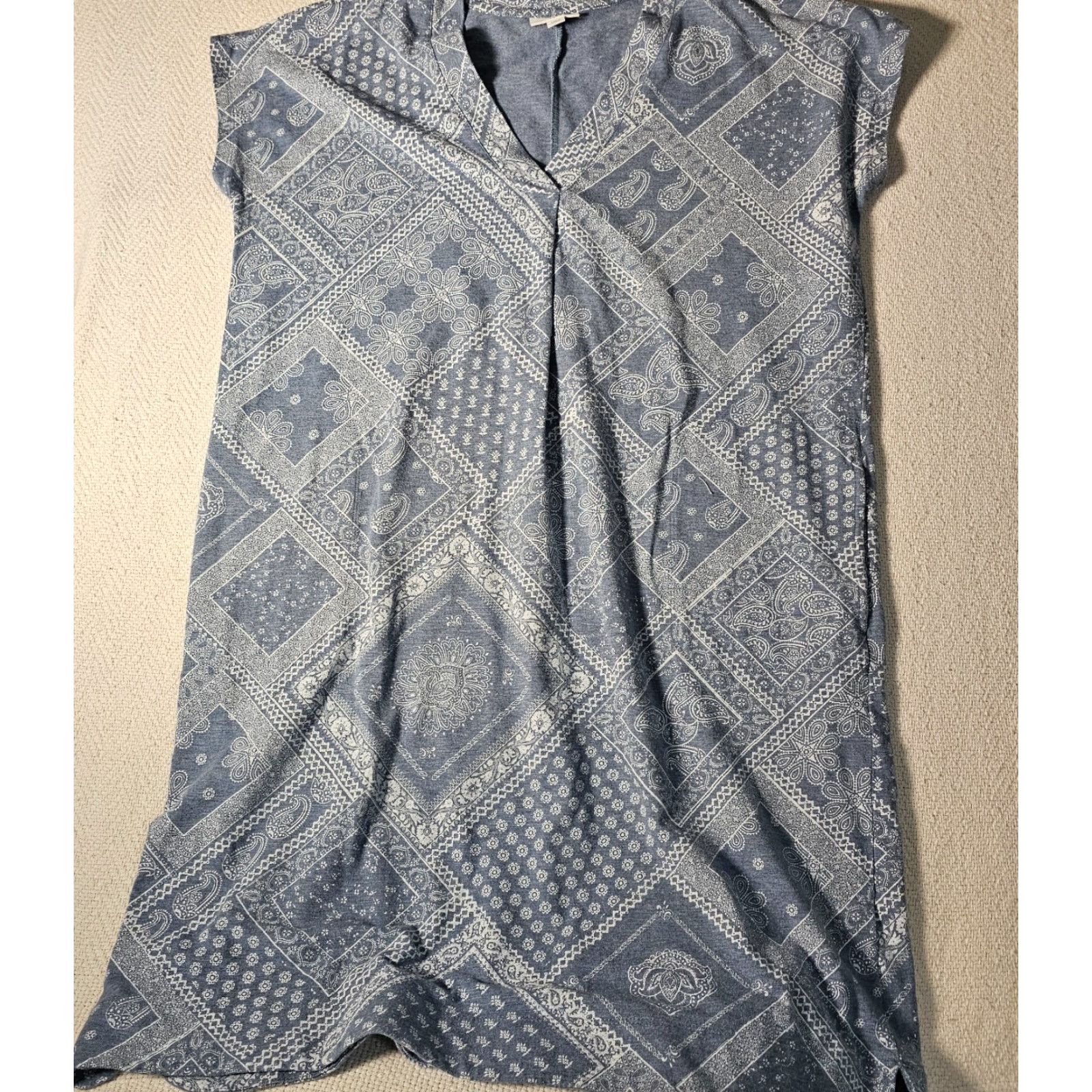 J. Jill J Jill Dress Medium Blue Bandana Print Pockets V Neck Shift Casual Knee Length Cotton Blend Size M / US 6-8 / IT 42-44 - 7 Thumbnail