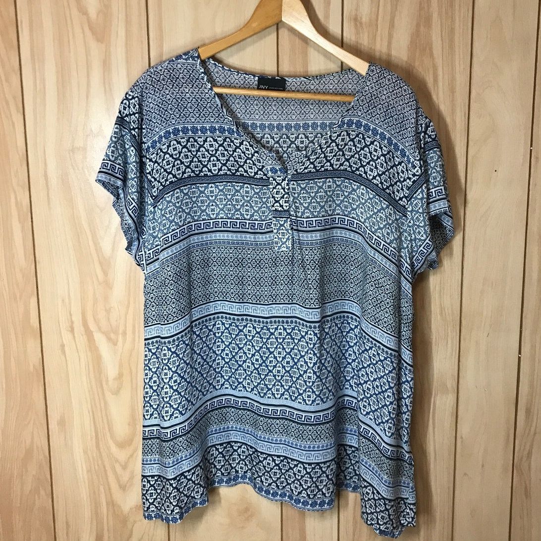 Jones New York JNY Jones New York Blue Striped V-Neck Short Sleeve Top Size XXL / US 16-18 / IT 52-54 - 1 Thumbnail