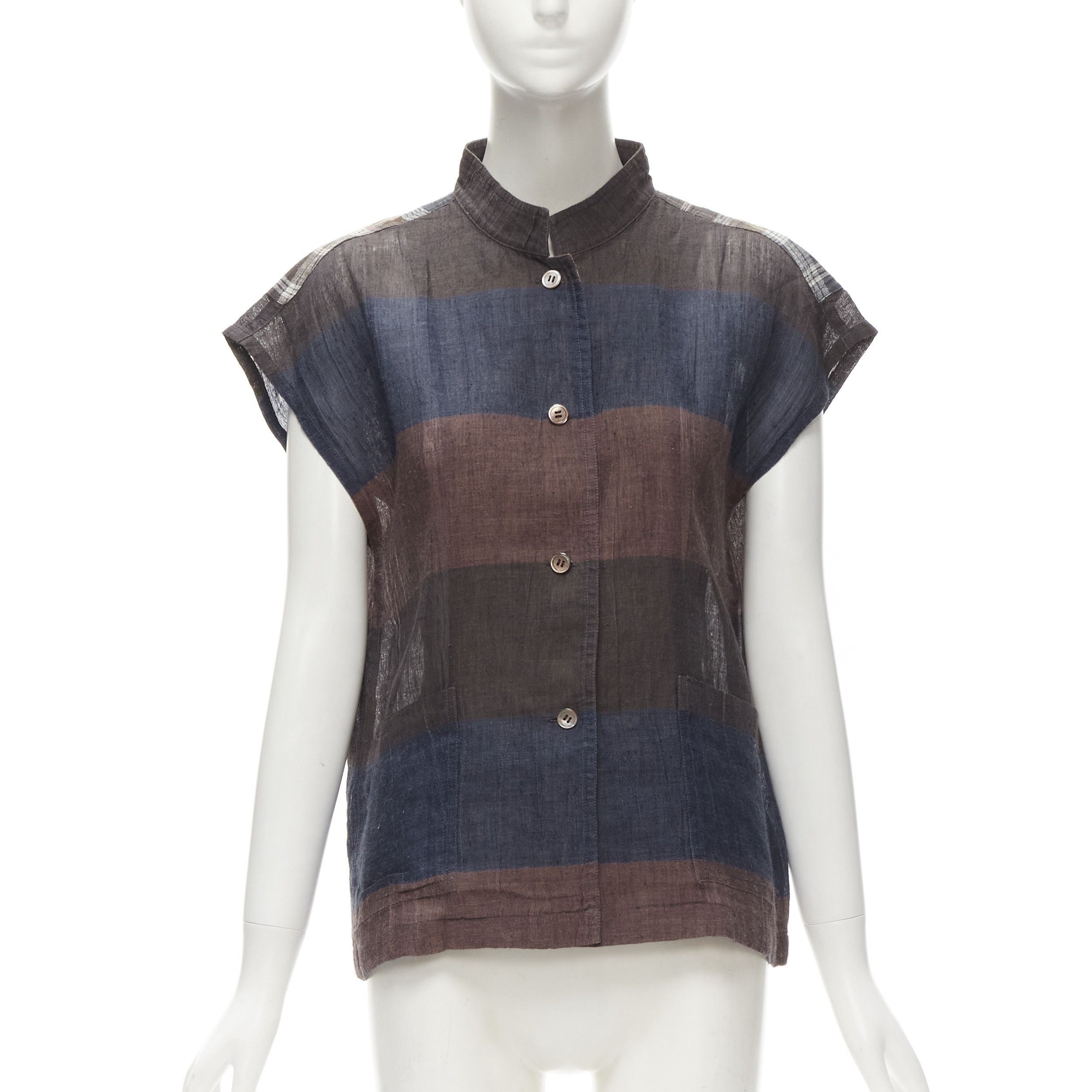 Issey Miyake ISSEY MIYAKE 1980's Vintage brown navy stripes checked patchwork linen shirt JP9 S Size M / US 6-8 / IT 42-44 - 1 Thumbnail