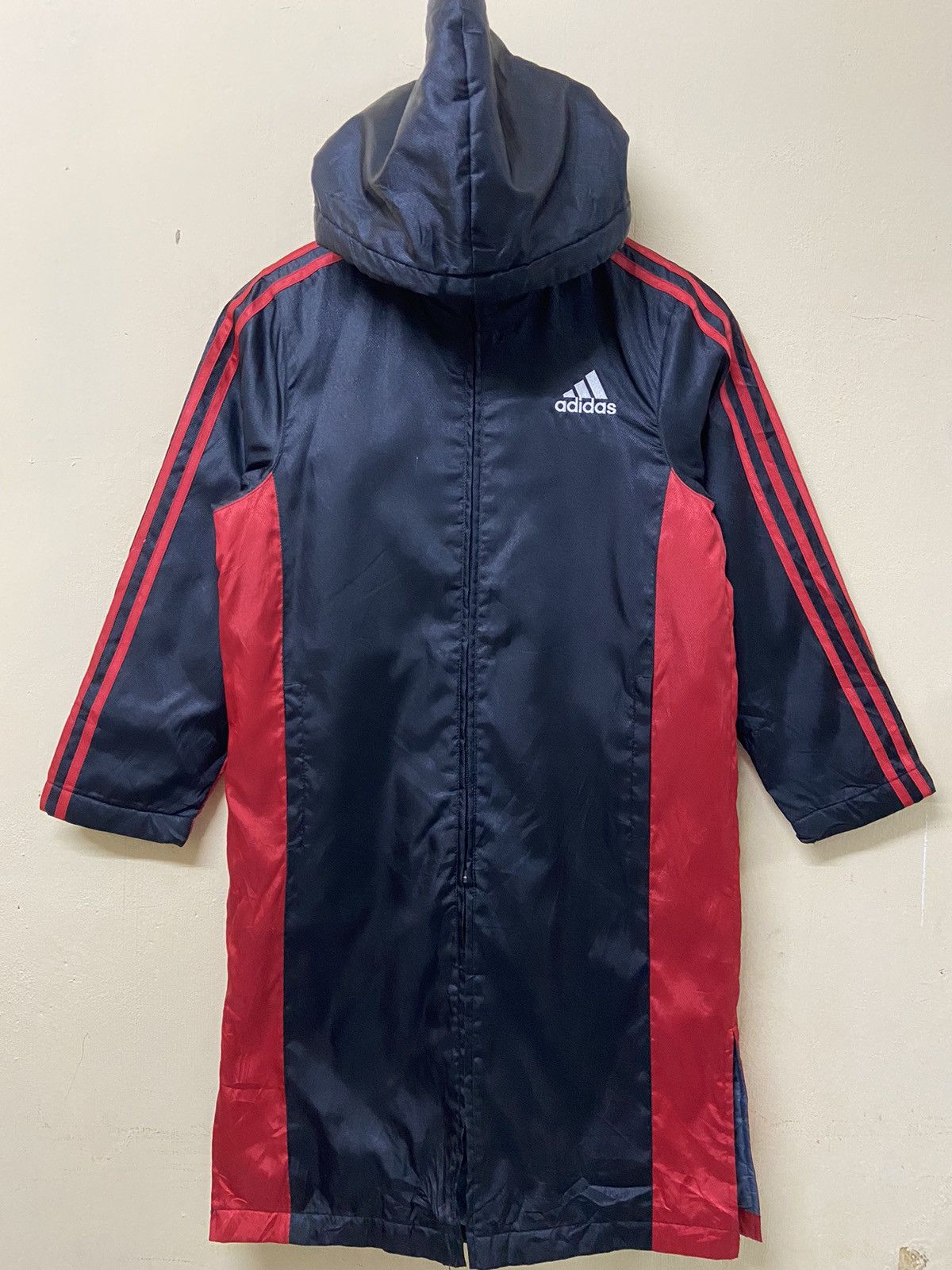 image of Adidas Hoodie Fleece Lining Long Jacket in Black/Red, Men's (Size XS)