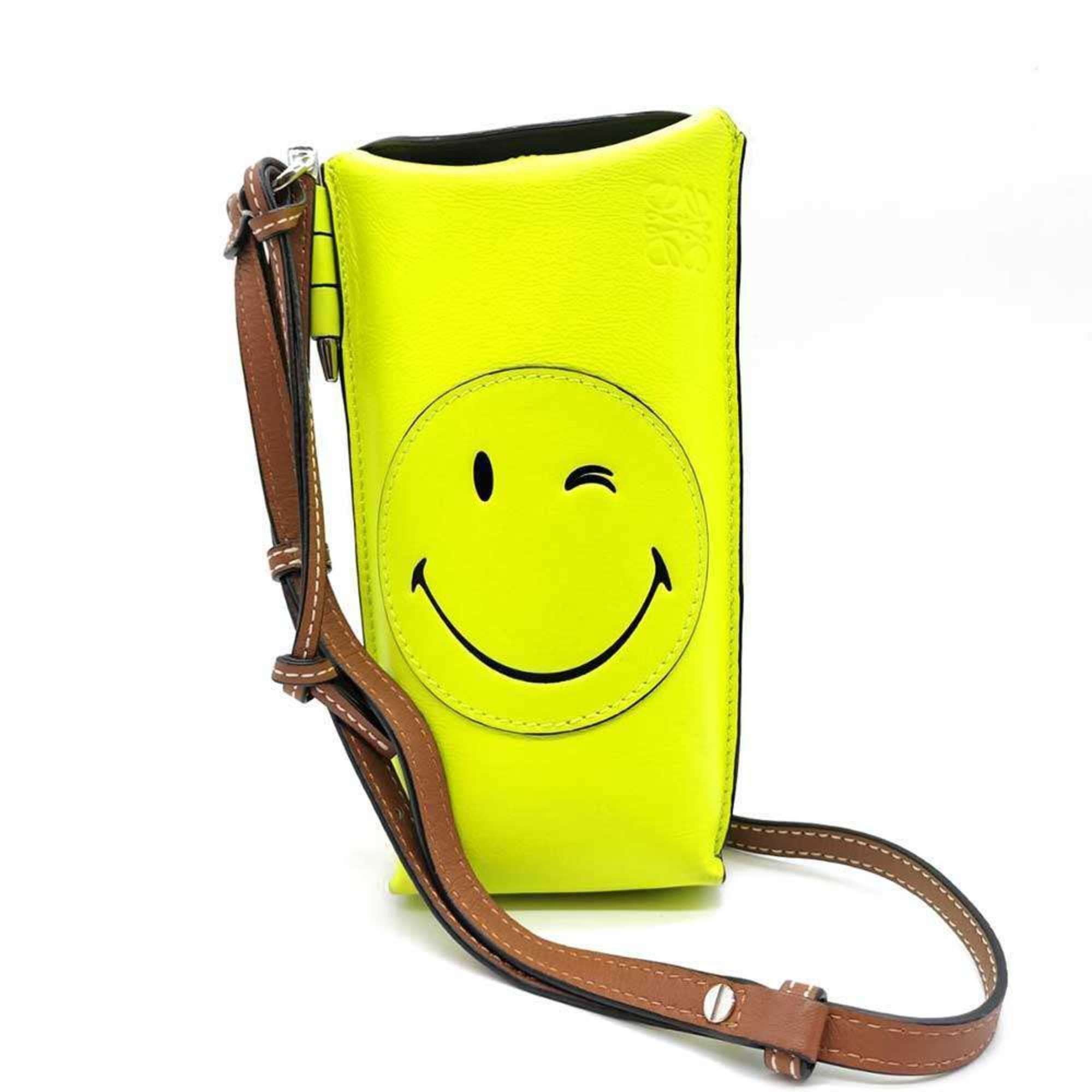 Loewe Gate Pocket Pouch Smiley Wink Yellow X Brown Mini Shoulder Bag Women's Leather