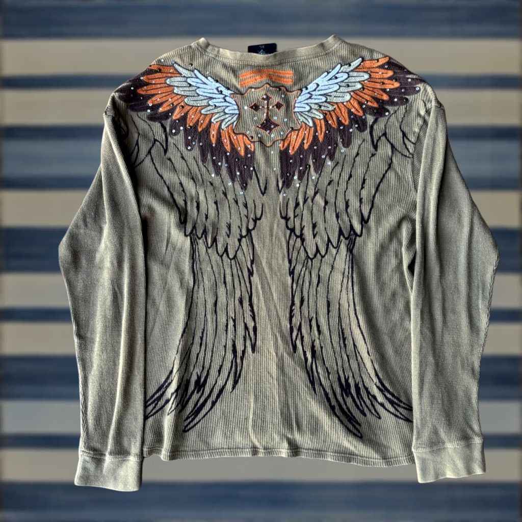 Affliction VINTAGE Y2K Affliction Style Wings Waffle Thermal Shirt XL Green Men T-Shirt Crew Neck Graphic Print Studded Emo Rock And Roll Fall Winter Spring Size US XL / EU 56 / 4 - 1 Thumbnail