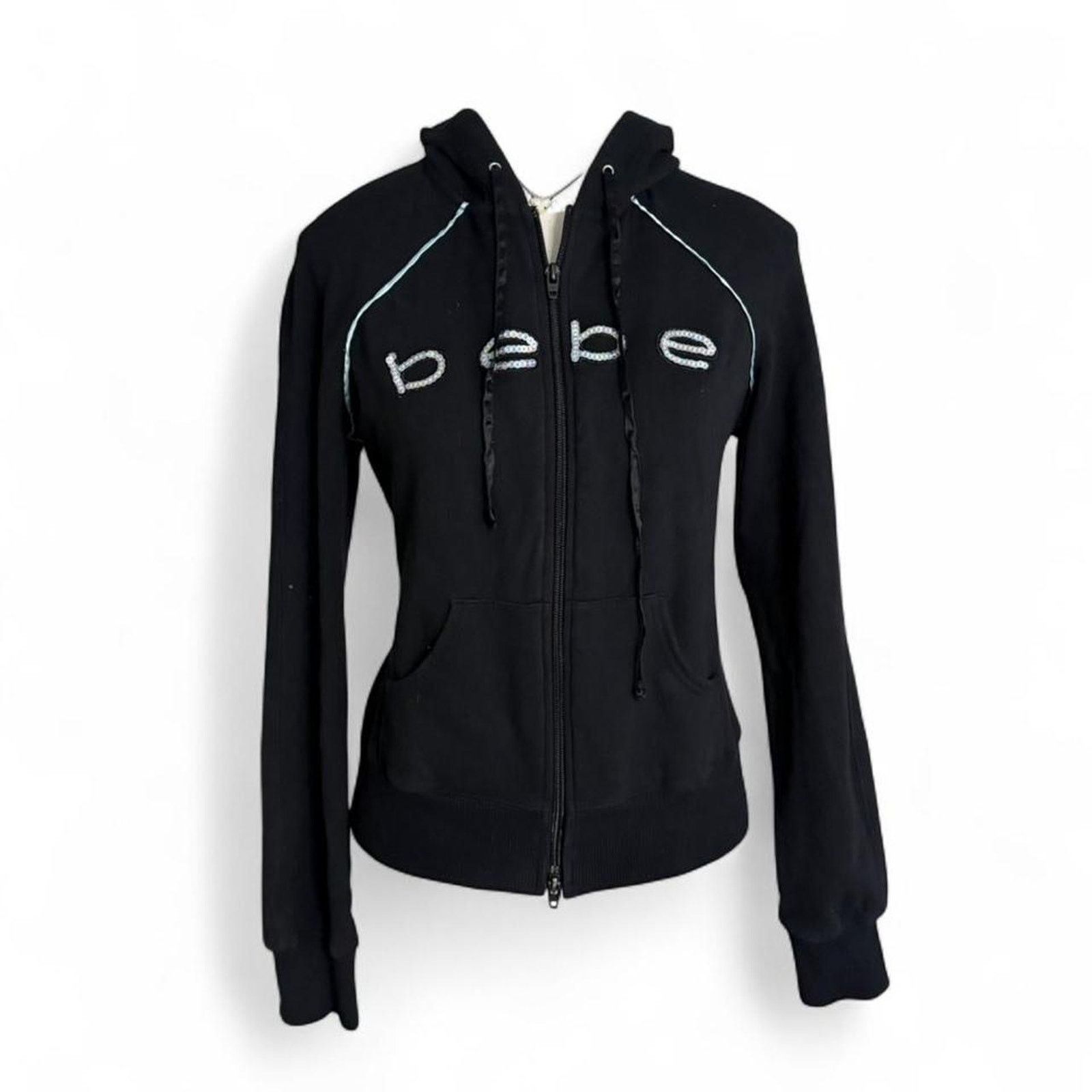 Bebe Black Bebe zip up hoodie with white piping women size large Size L / US 10 / IT 46 - 1 Thumbnail