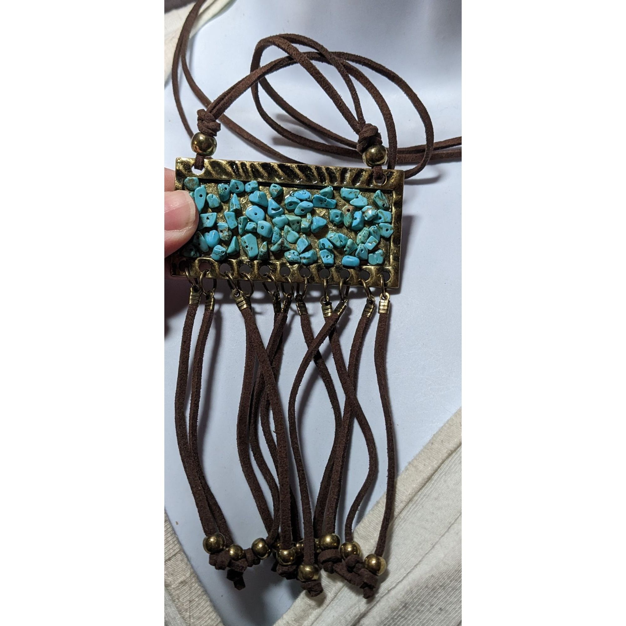 Other Southwestern Suede Turquoise Chip Fringe Pendant Necklace Size ONE SIZE - 6 Thumbnail