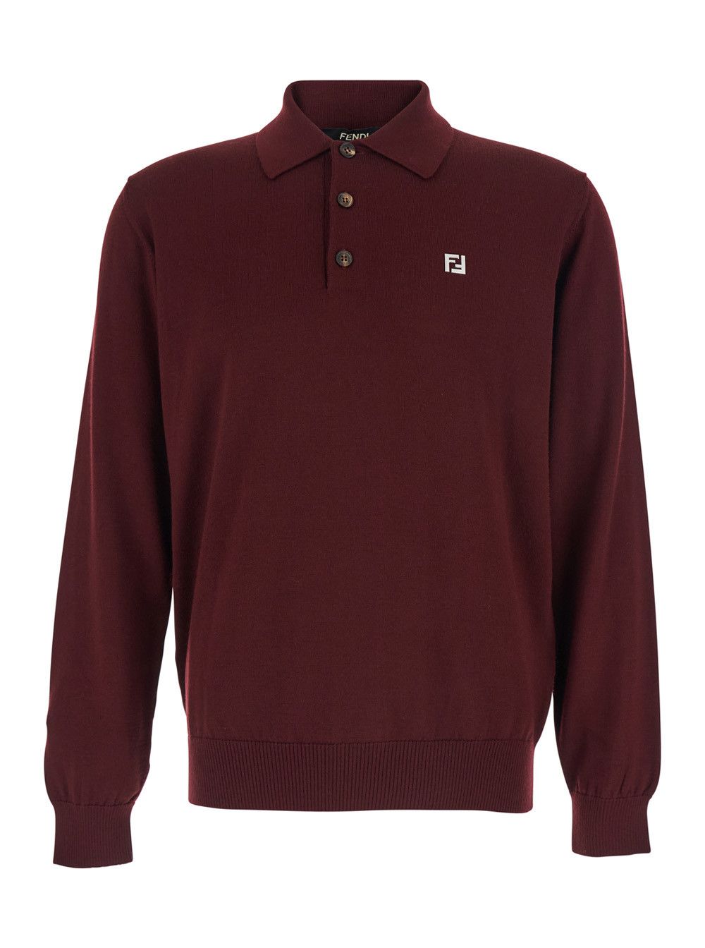 Fendi Bordeaux Long Sleeve Polo with Classic Collar and FF Plate on the Front in Wool for Men Size US M / EU 48-50 / 2 - 1 Thumbnail