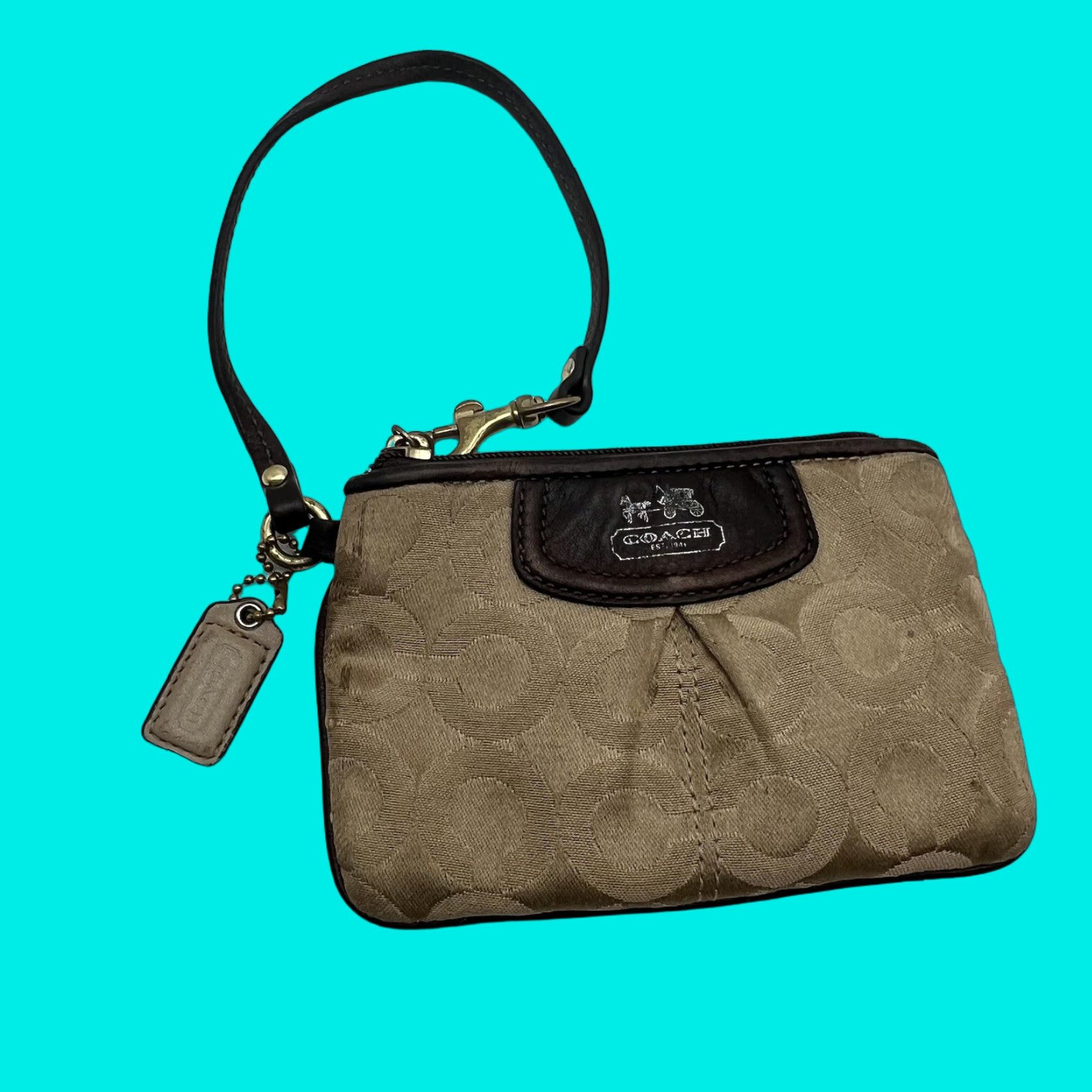 Coach Signature C Tan Brown Zip Wallet Small Purse Wristlet Womens Wallet Small Wristlet Brown Canvas Logo New