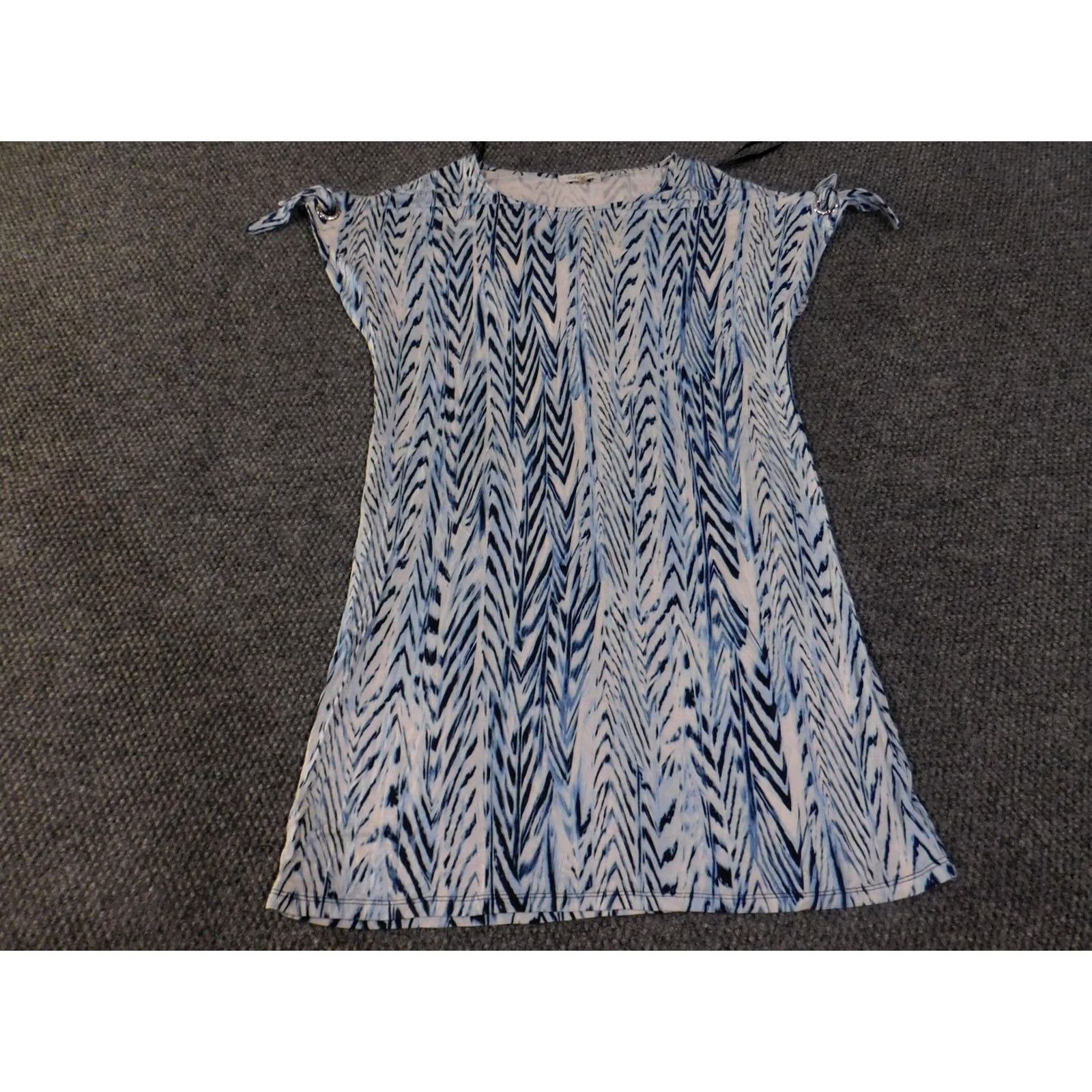 Calvin Klein Calvin Klein Dress Womens Small Blue White Ikat Print Stretch Shift Tie Shoulder Crew Neck Cap Sleeve Pullover Casual Travel Short Size S / US 4 / IT 40 - 2 Thumbnail