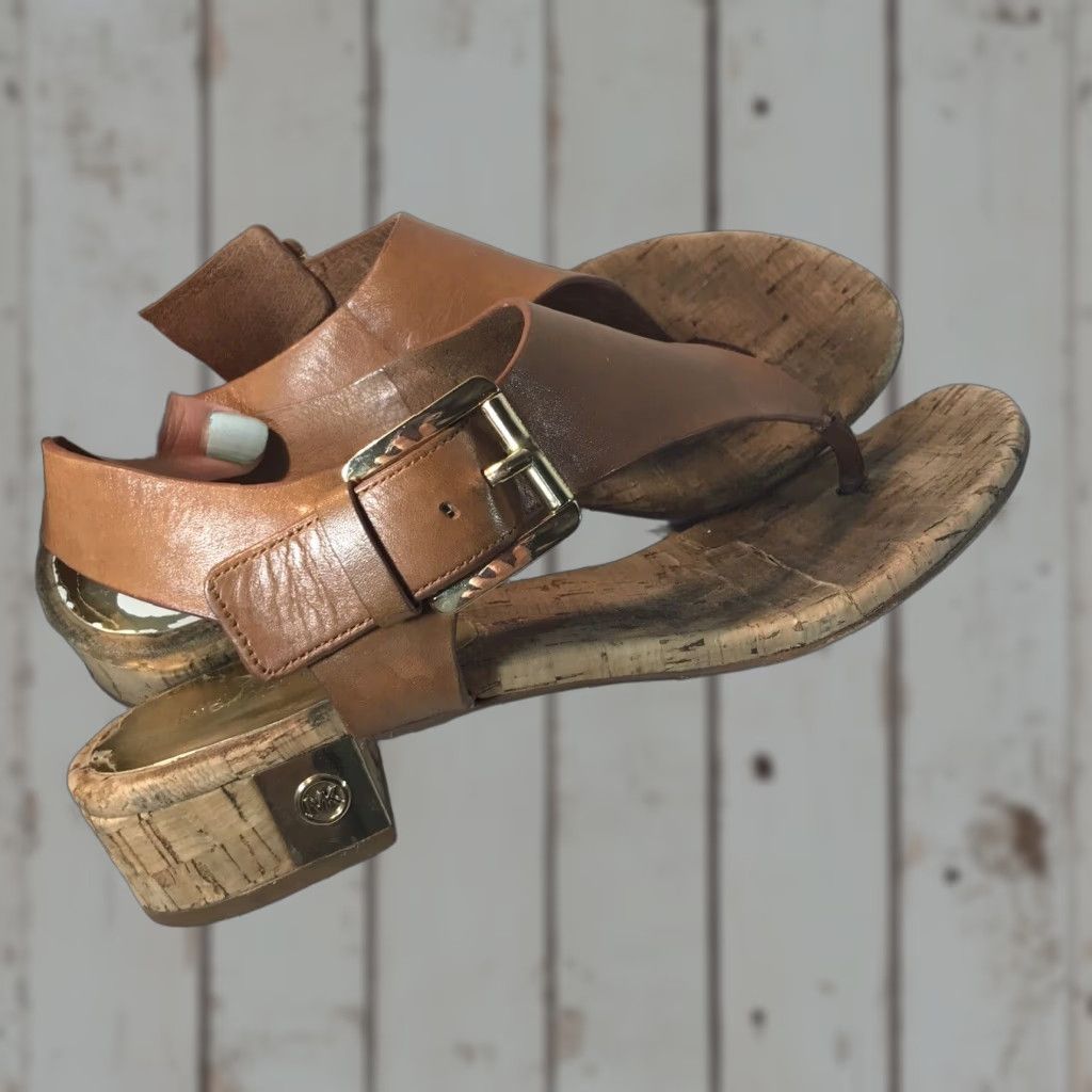 Michael Kors Michael Kors Lt. Brown Leather T-Strap 1.5in Cork Gold Logo Heels Womens Size 8M Size US 8 / IT 38 - 1 Thumbnail
