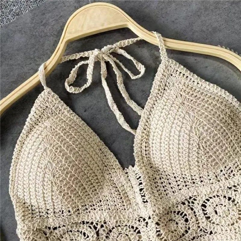 Other Cream Handmade Crochet Lace Halter Bralette Top, Crop Top Size ONE SIZE - 2 Thumbnail