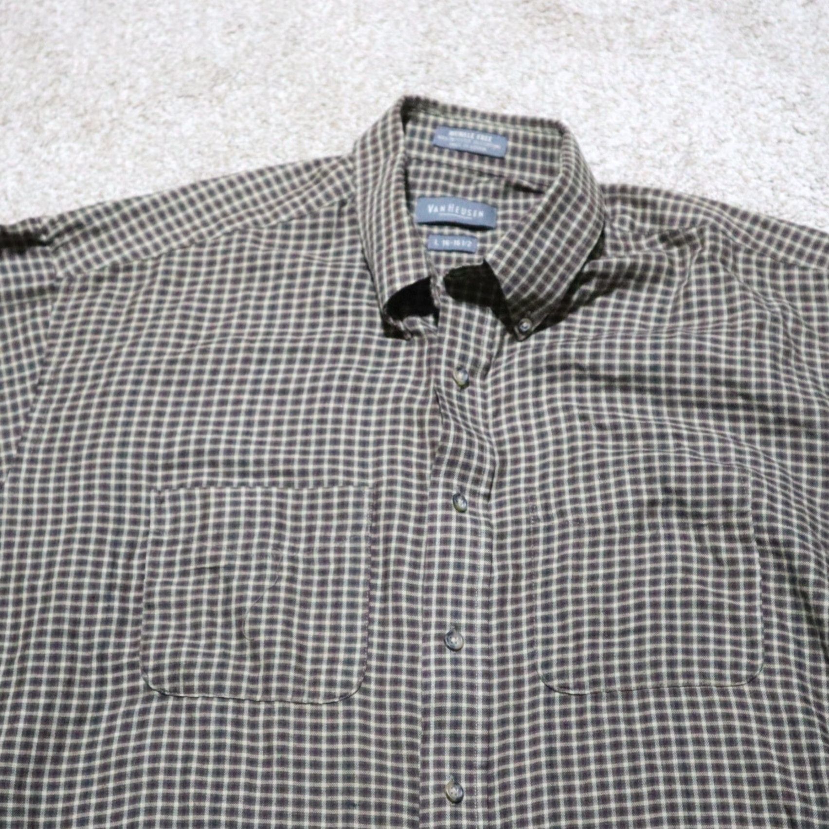 Van Heusen Van Heusen Dress Shirt Shirt Brown Plaid Button-Down 16.5 L Men’s Size Large Polyester Size 46R - 2 Thumbnail
