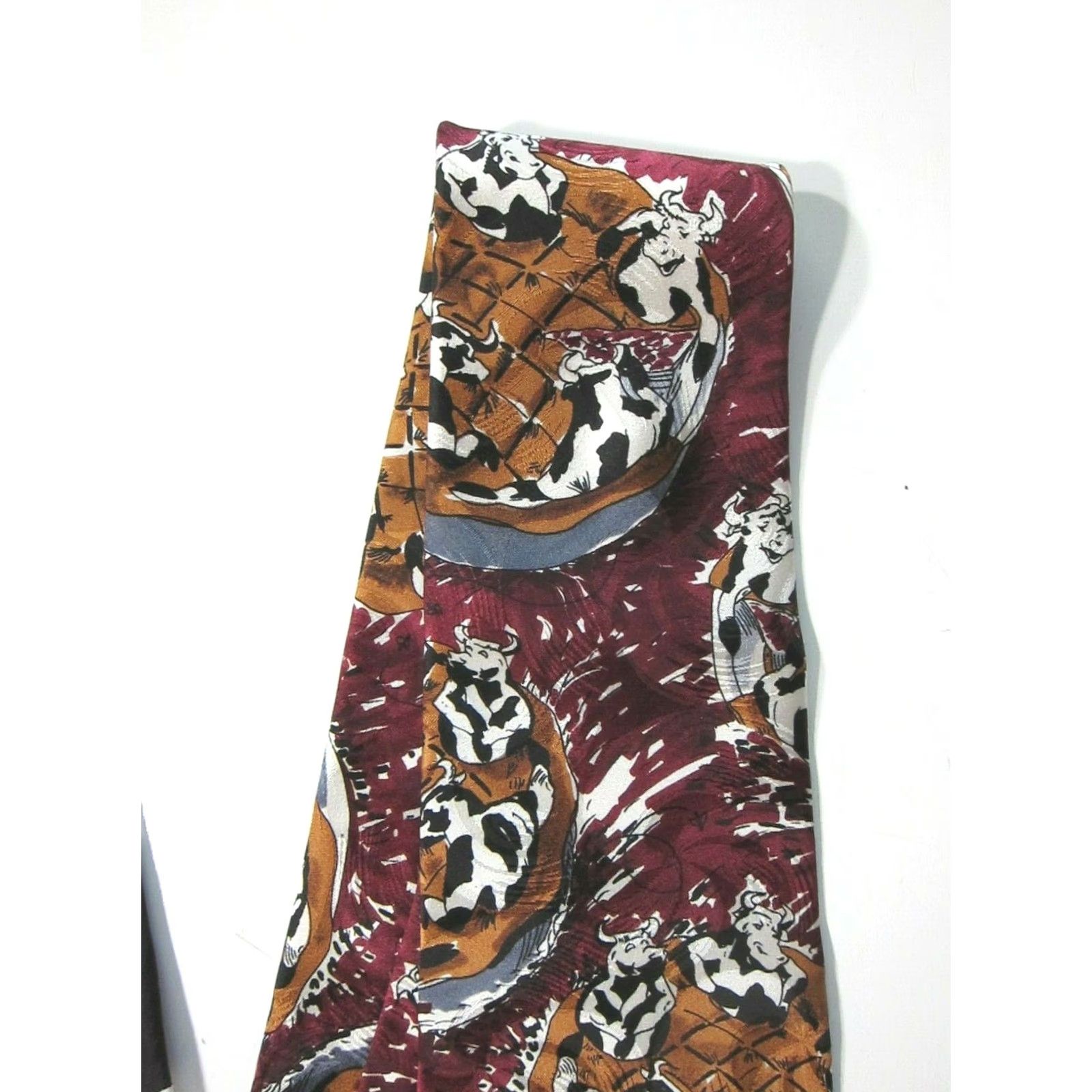 Halston VINTAGE Halston III 100% Silk Maroon Brown Black White Cow Pie Classic Tie Mens Tie Size ONE SIZE - 6 Thumbnail