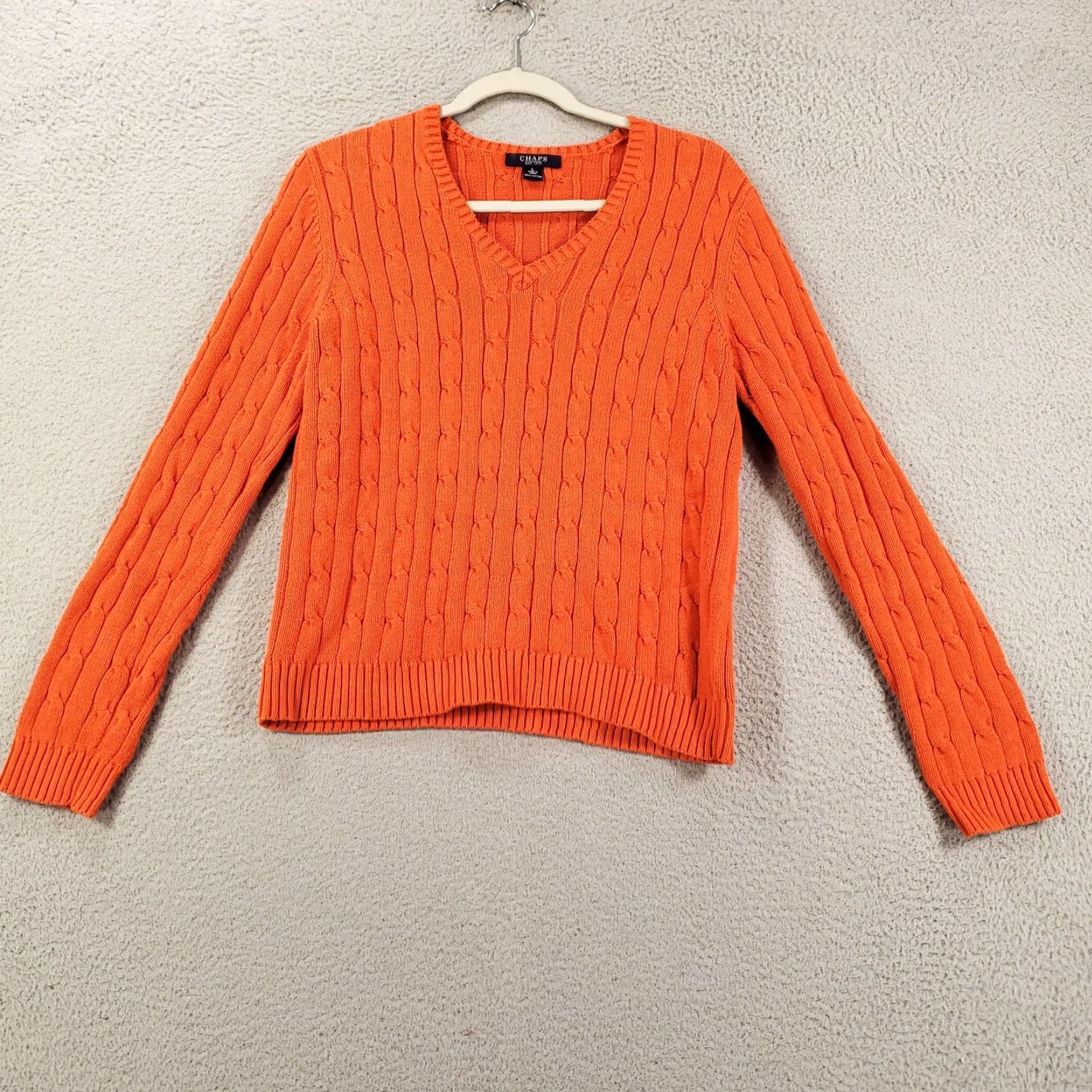 Chaps **Womens Chaps Cable Knit Orange Large Pullover V-Neck Sweater** User: **Chaps Womens Orange Cable Knit Large Pullover V-Neck Sweater** Size L / US 10 / IT 46 - 2 Thumbnail