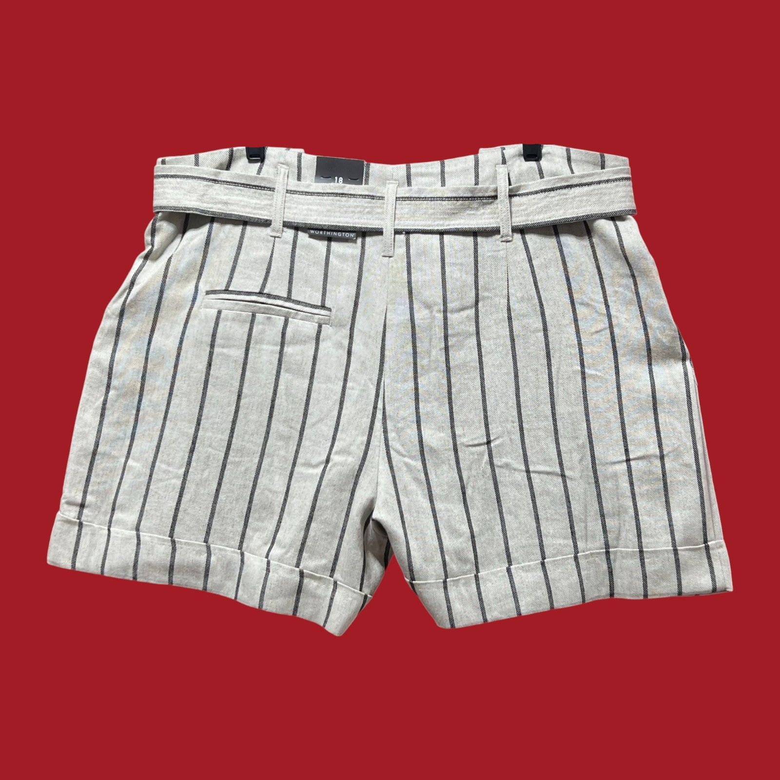 Worthington Worthington - Women's Striped Belted Shorts - Beige - 18 Size 40" / US 18 - 2 Thumbnail