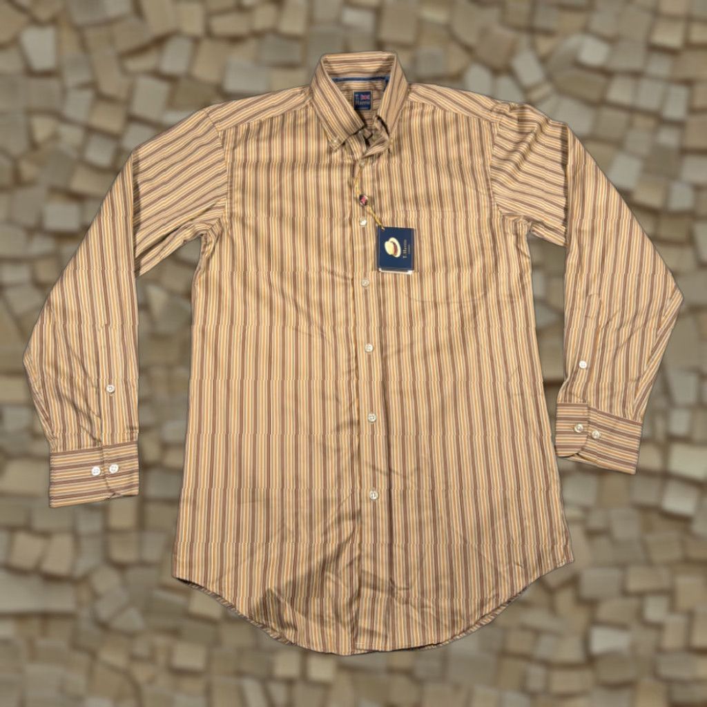 Vintage T Harris London Shirt Adult SMALL Brown Yelloiw Cotton Striped Button-Down Tags Size US S / EU 44-46 / 1 - 1 Thumbnail
