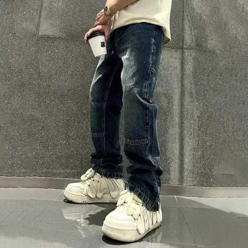 Japanese Brand Monkey Washed Wide Leg Bottoms Zipper Spliced Denim Pants Size US 32 / EU 48 - 5 Thumbnail